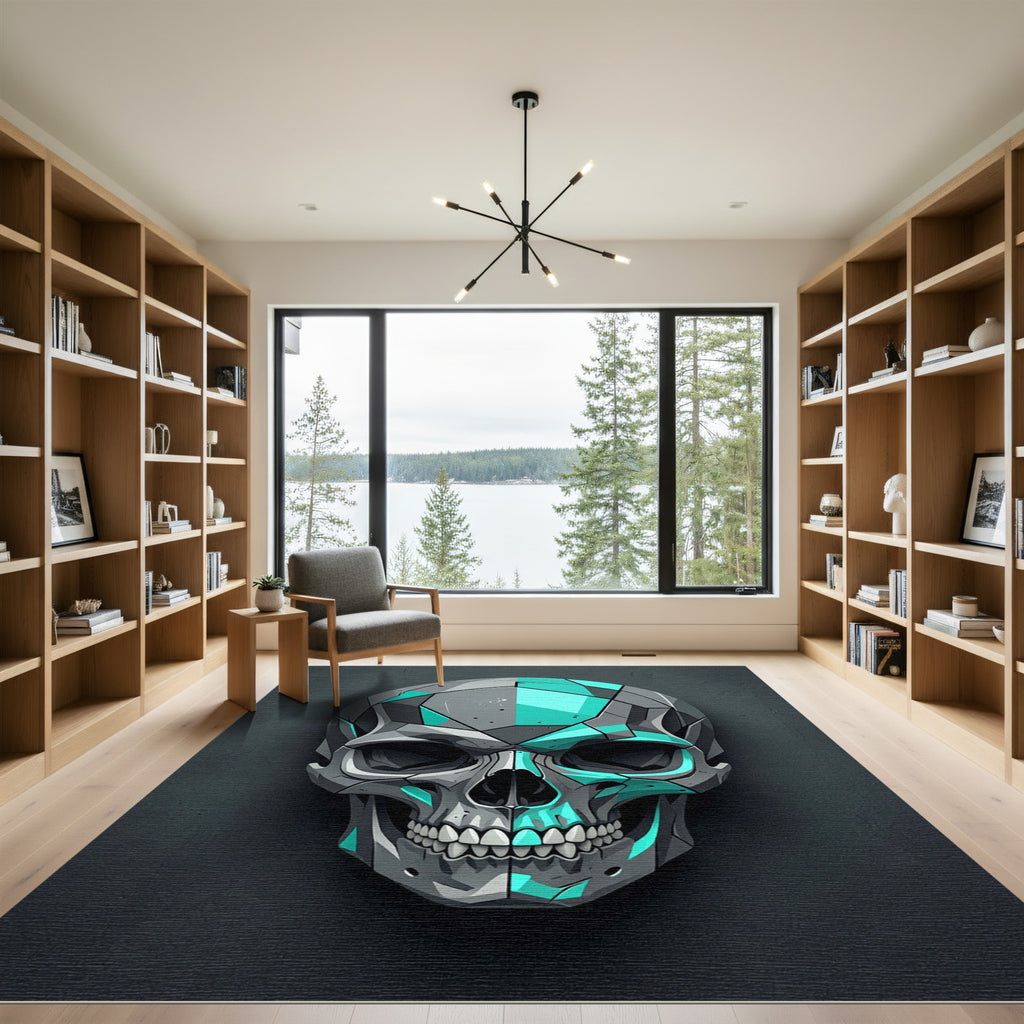 Geometric Teal and Gray Robotic Skull Rug