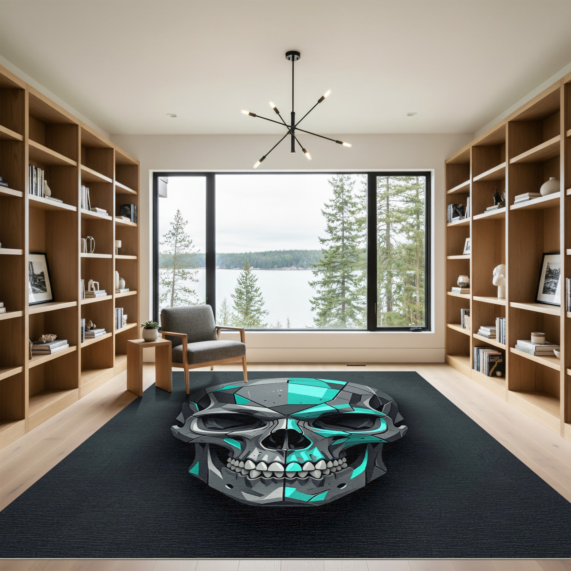 Geometric Teal and Gray Robotic Skull Rug