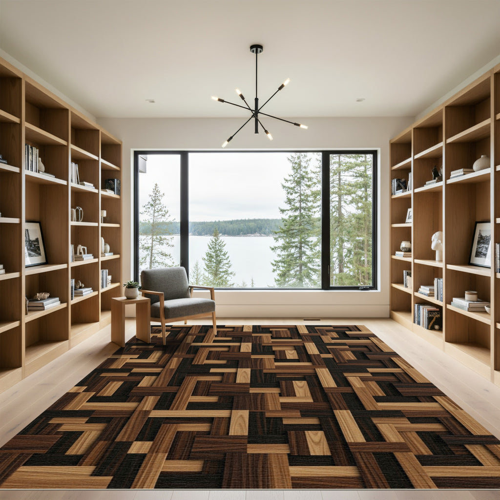 Interlocking Walnut and Oak Geometric Blocks Rug