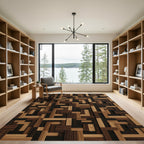 Interlocking Walnut and Oak Geometric Blocks Rug