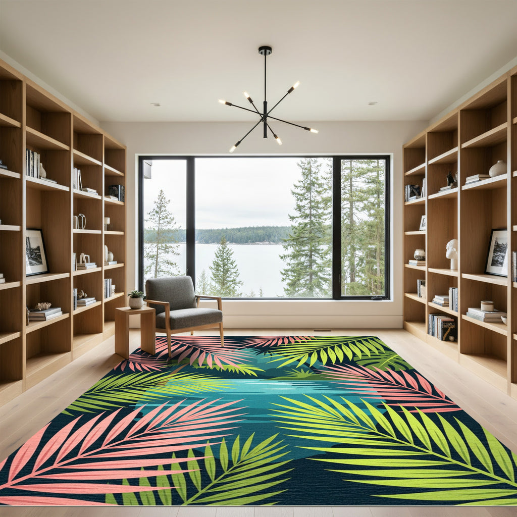 Lush Tropical Palm Leaf Jungle Scene Rug