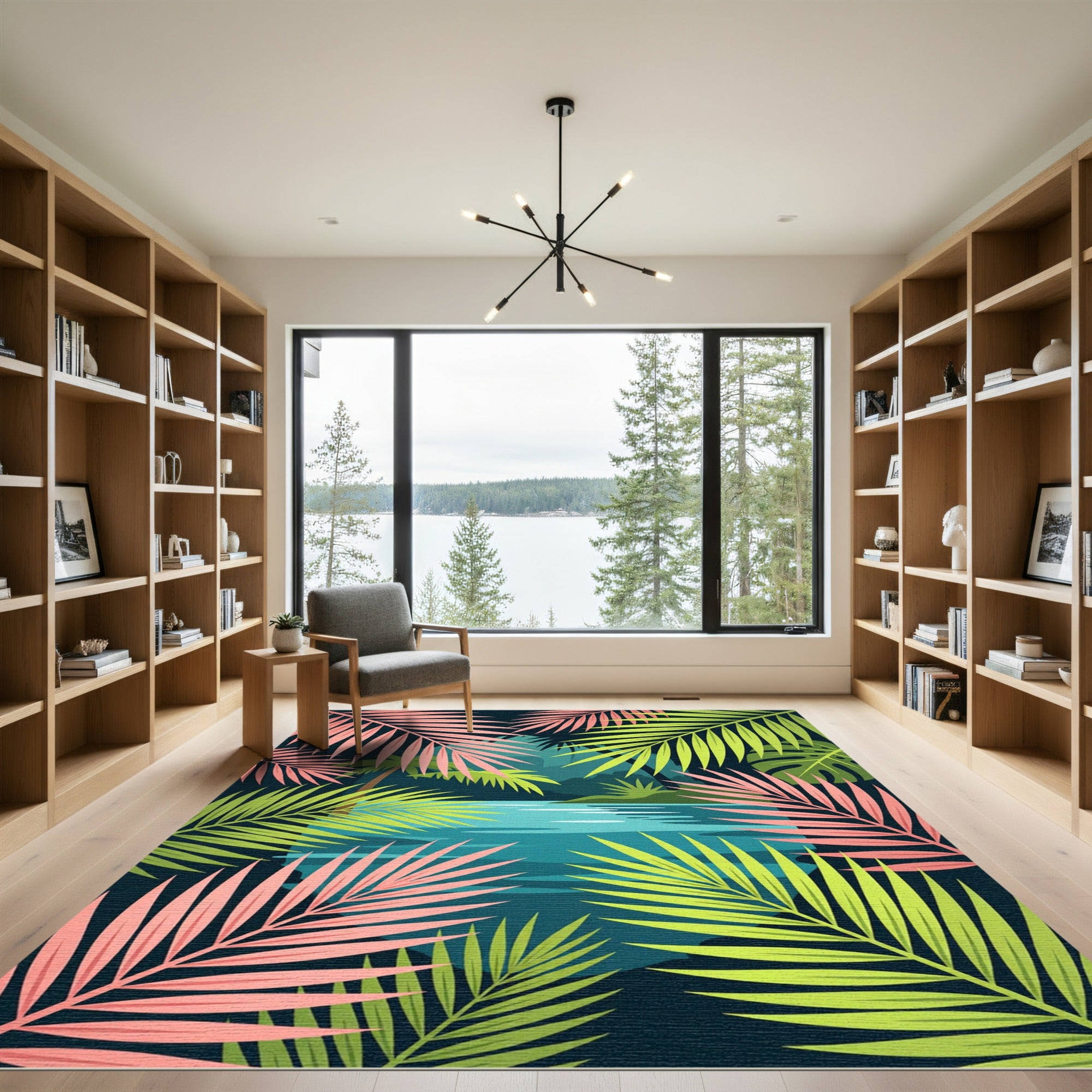 Lush Tropical Palm Leaf Jungle Scene Rug