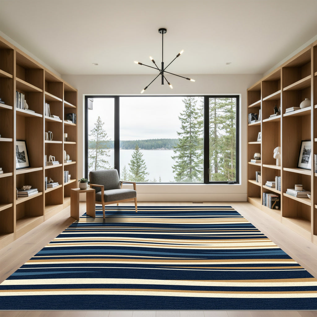 Navy Blue and Golden Wavy Stripe Rug
