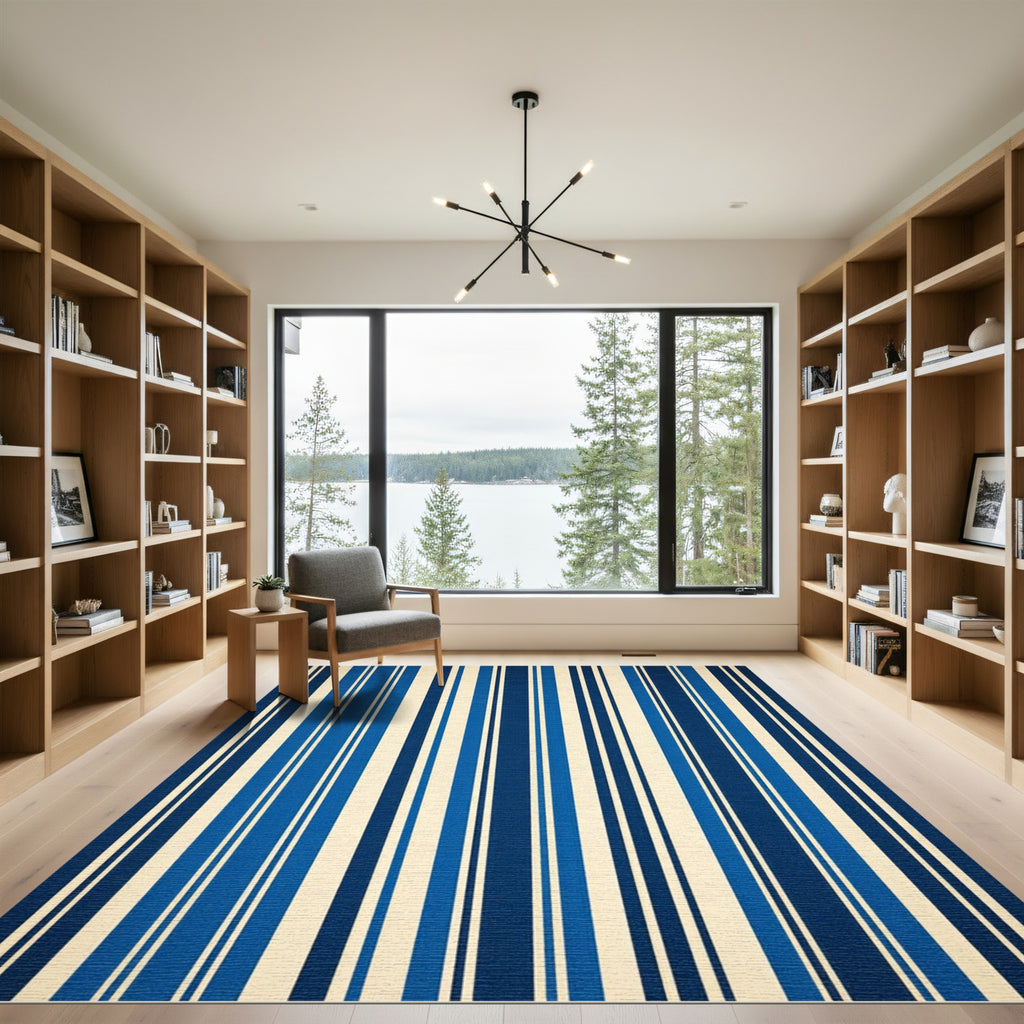 Navy Blue Cream Linear Vertical Stripe Rug