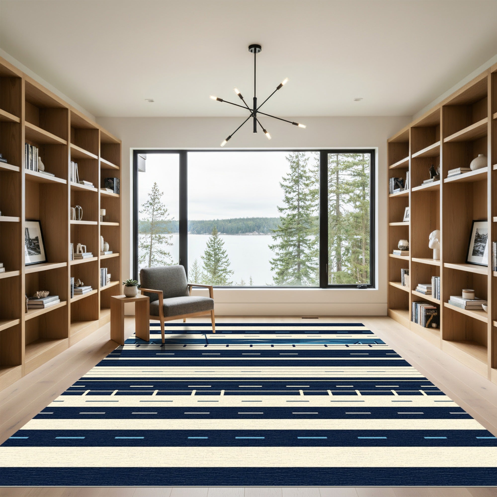 Modern Navy and Cream Linear Coast Rug