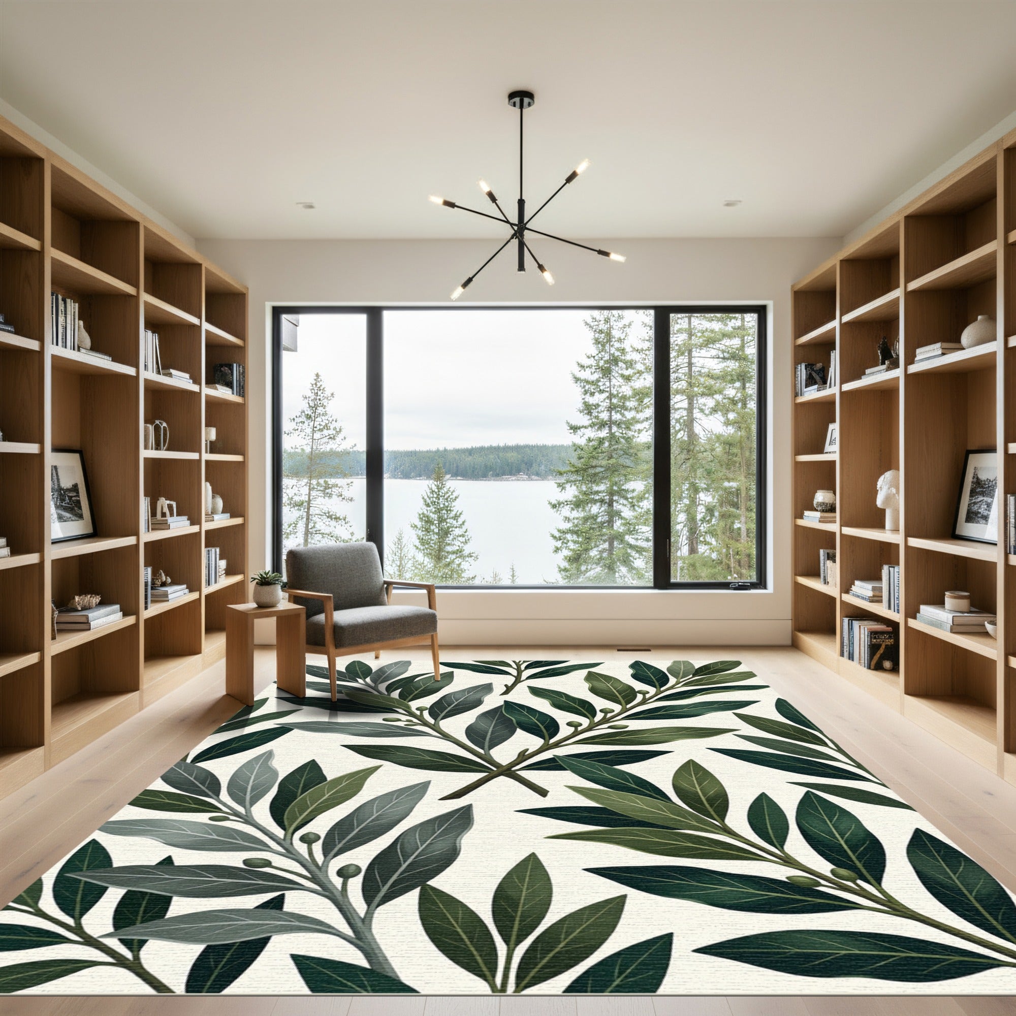 Deep Green Leafy Branch Arrangement Rug