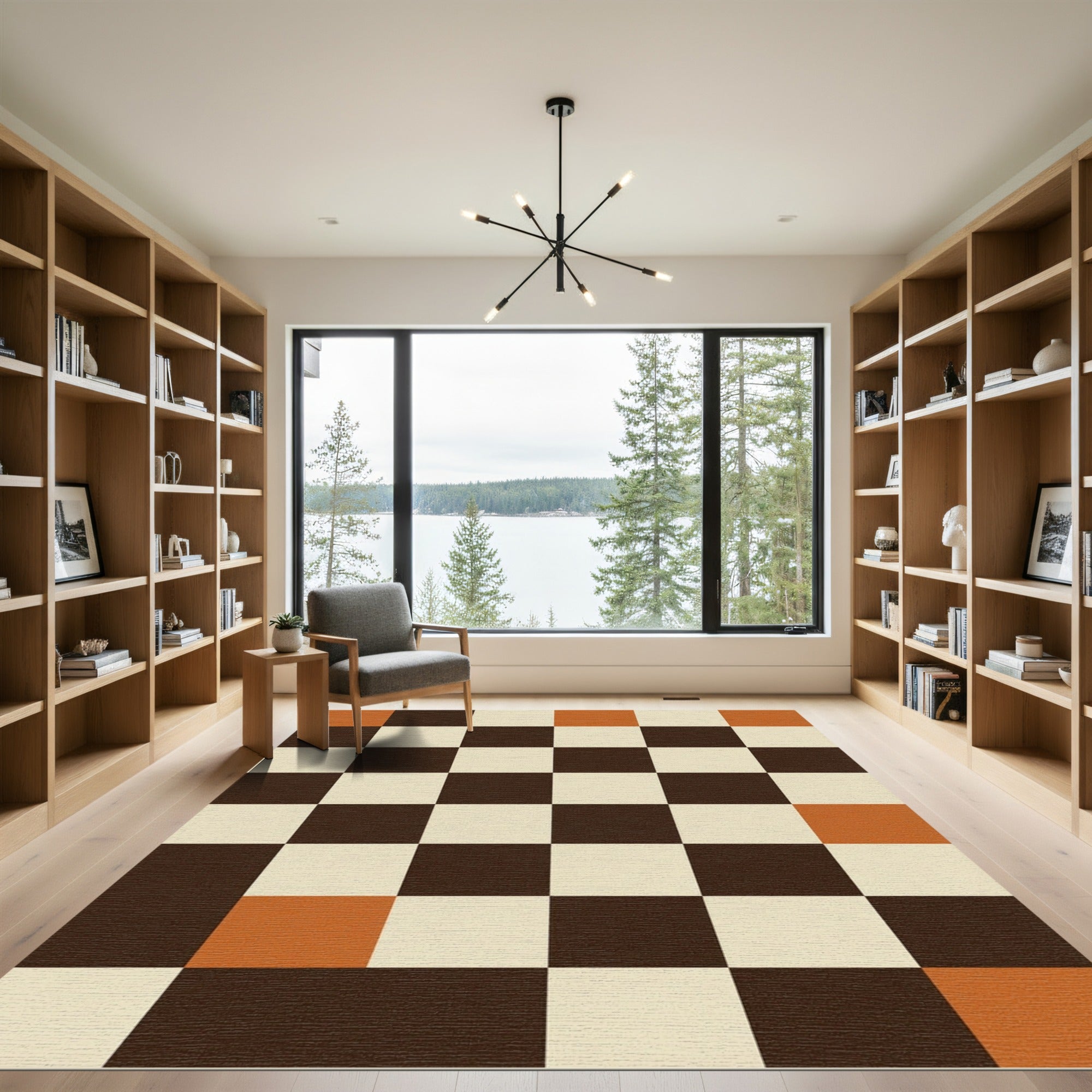 Modern Brown Cream and Terracotta Checkerboard Rug