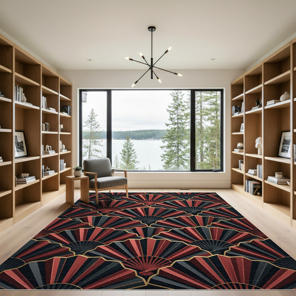 Art Deco Red Black Fan Overlay Rug