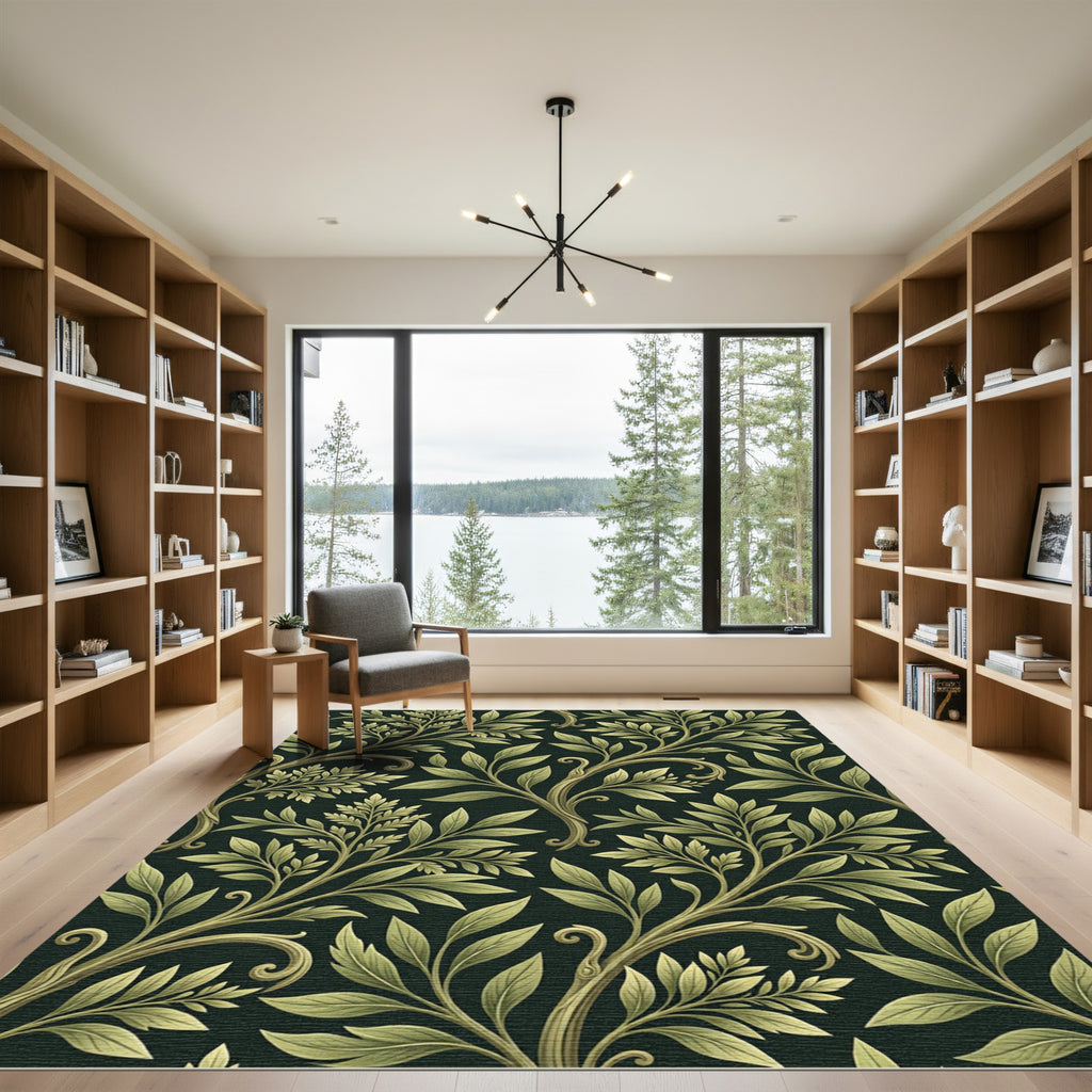 Elegant Sage Leaf Botanical Swirl Rug