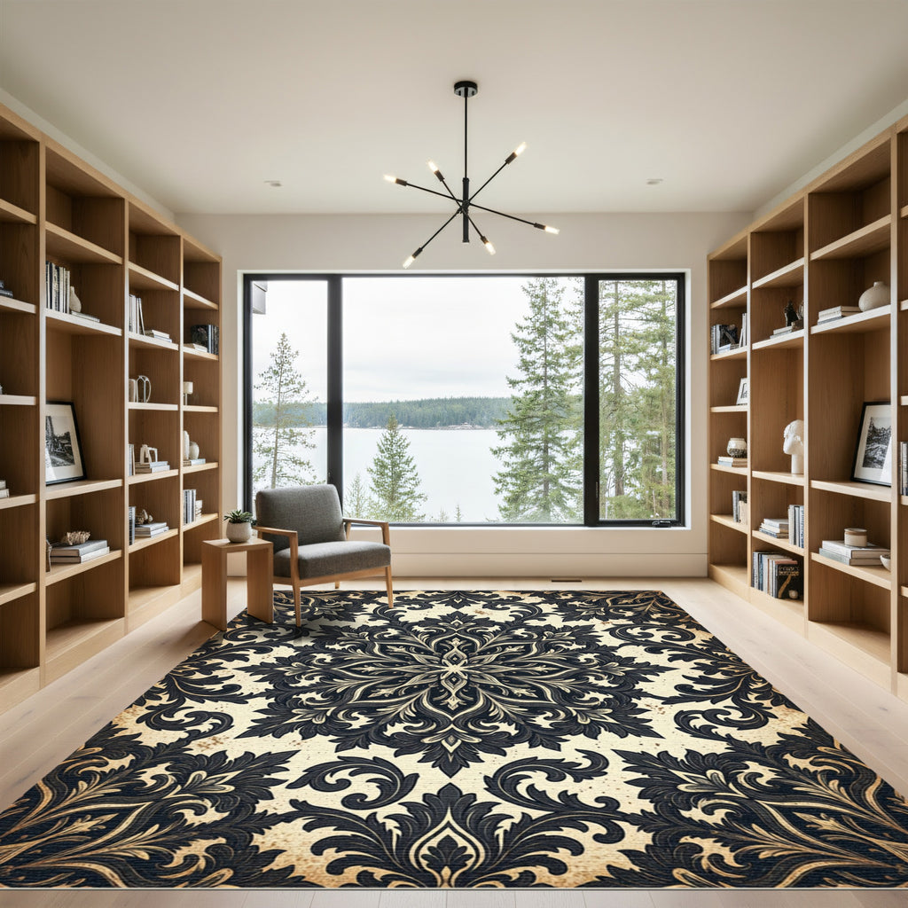 Antique Charcoal Damask Scroll Medallion Rug