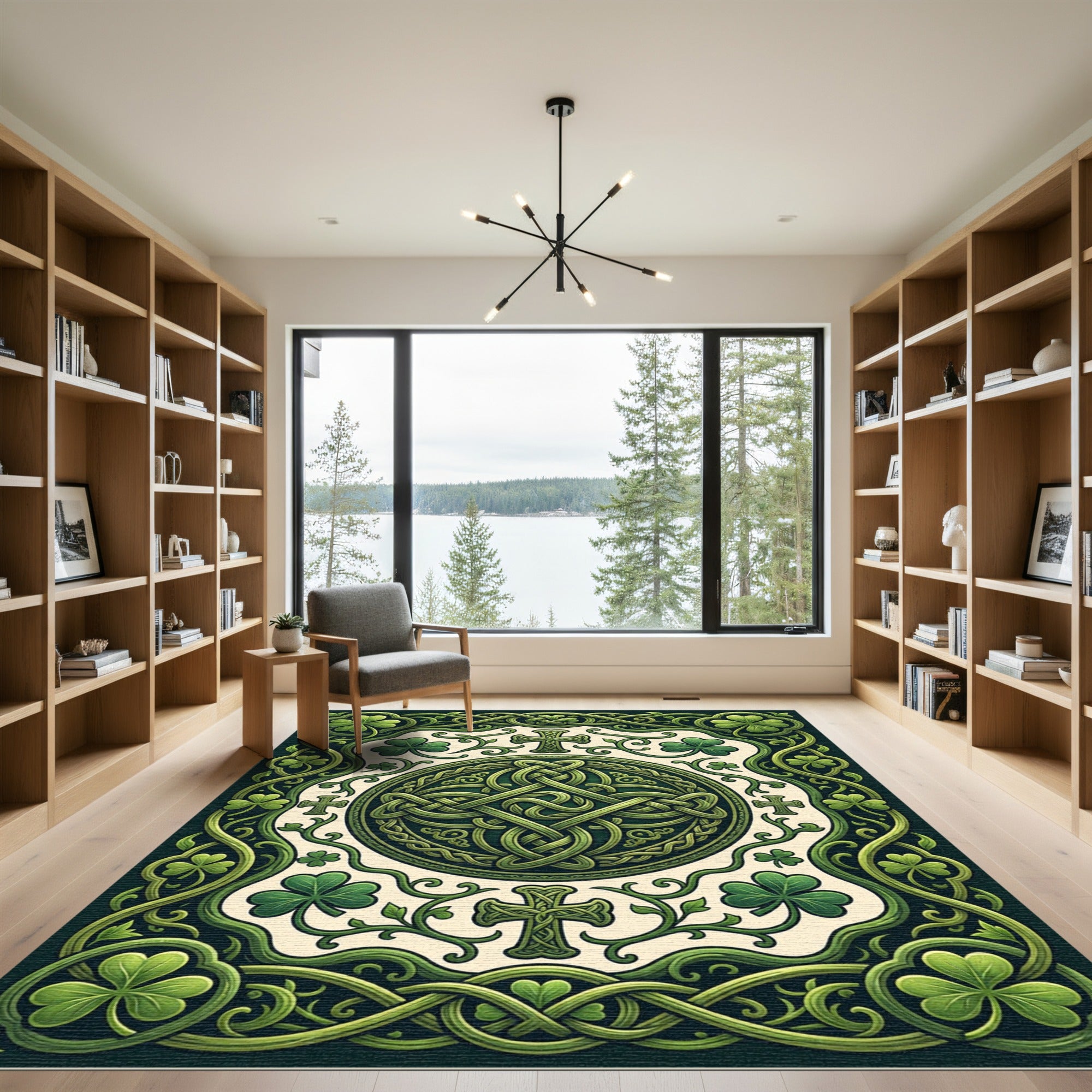 Intricate Celtic Knotwork Emerald Clover Emblem Rug