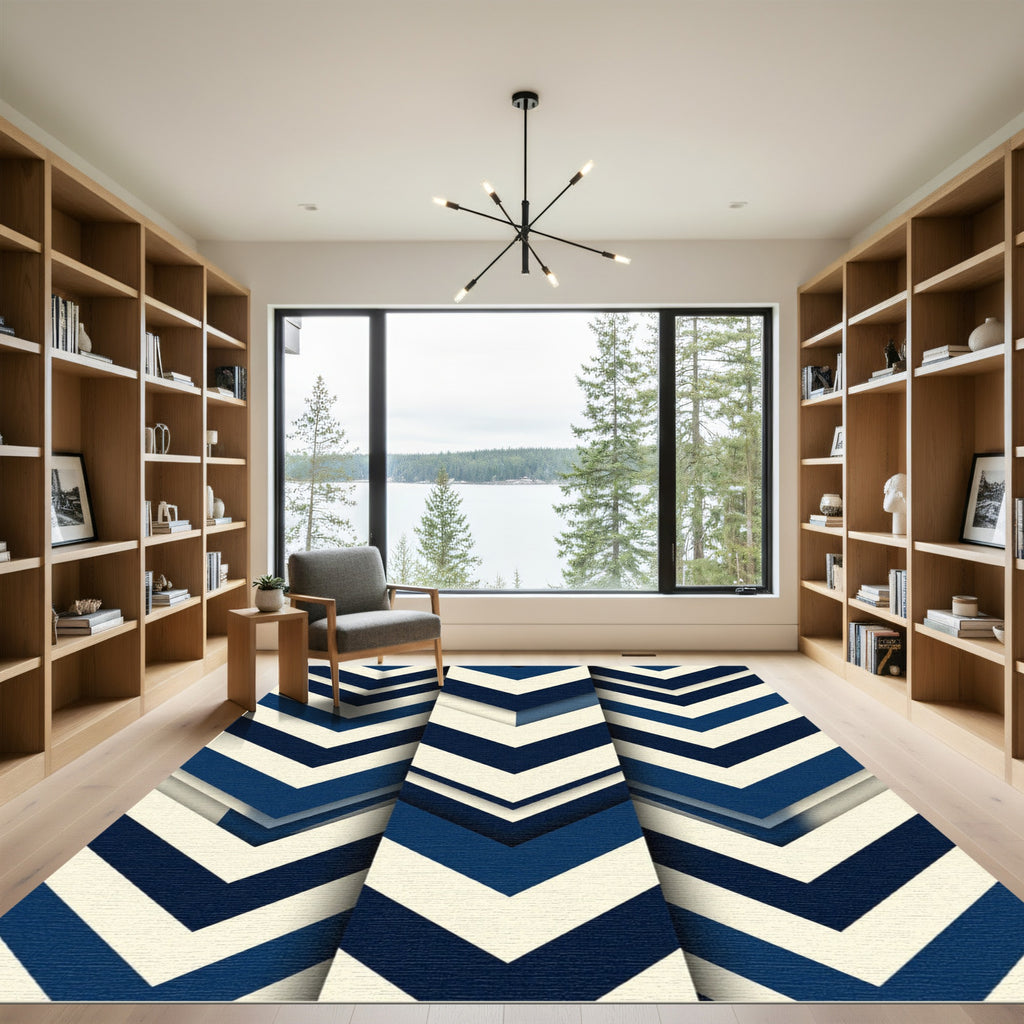 Navy and Cream Chevron Geometric Rug