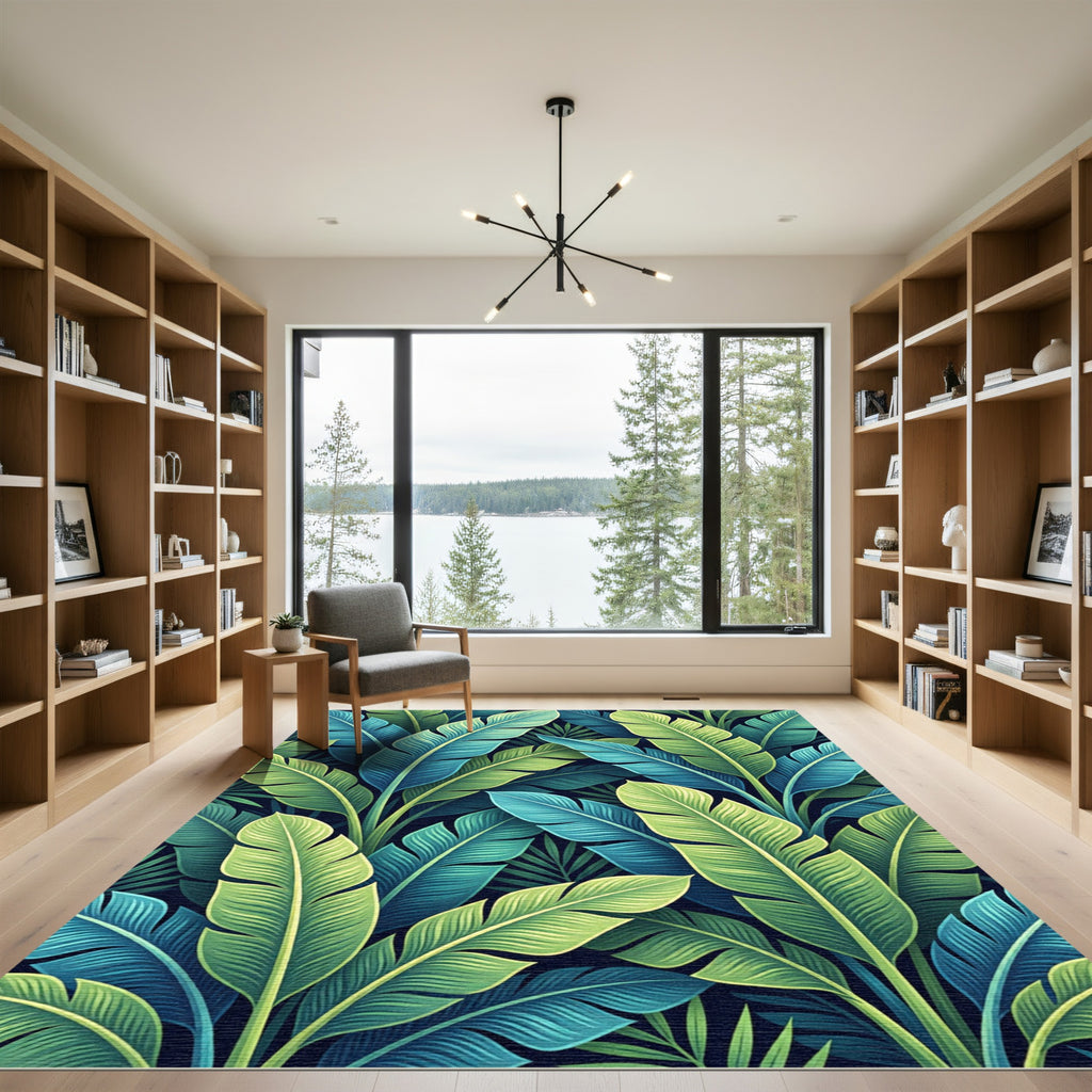 Lush Teal and Lime Tropical Foliage Rug
