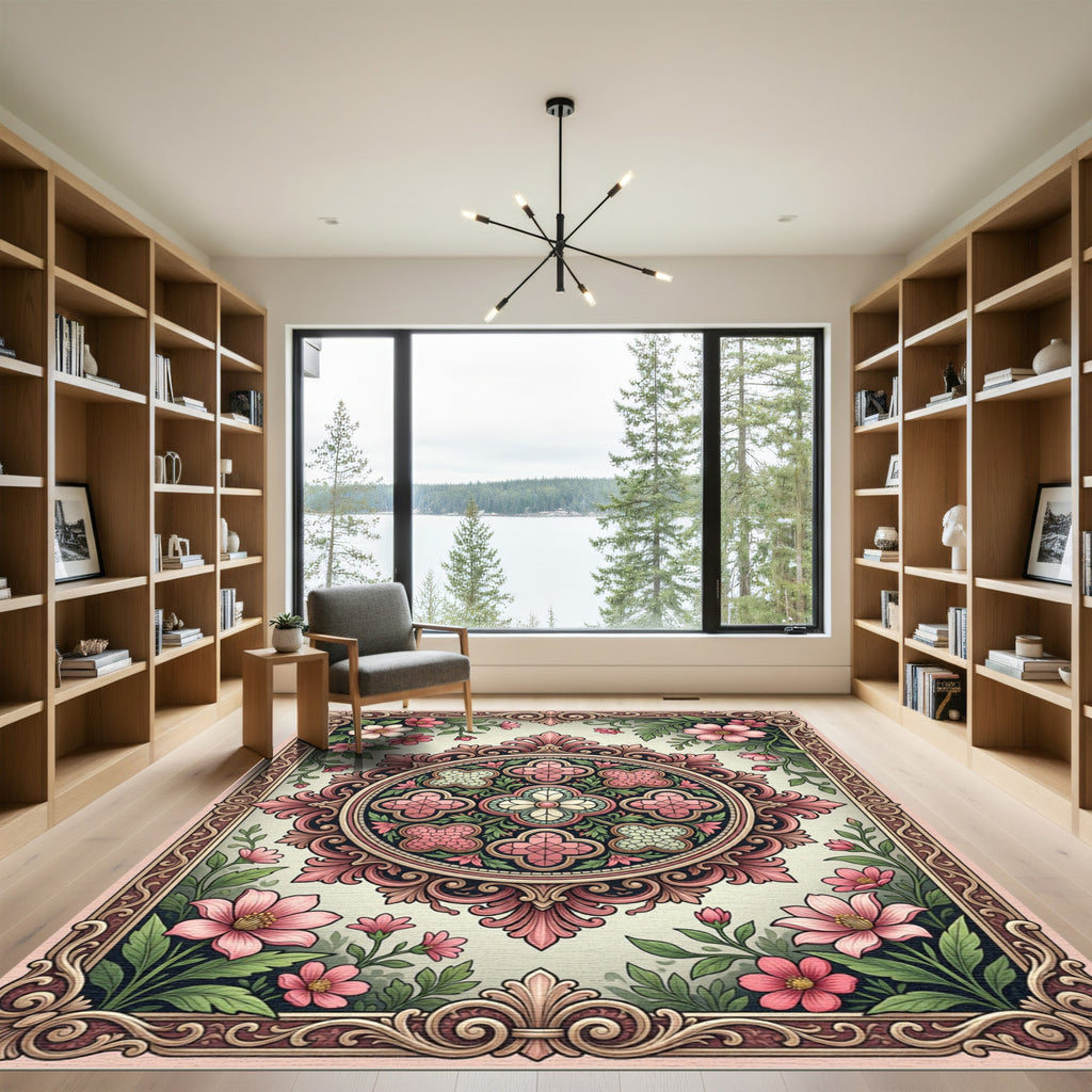 Pink Floral Medallion Garden Rococo Rug