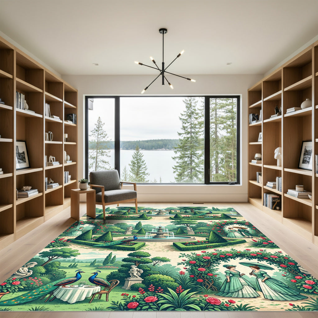 Regal Garden Scene with Peacocks and Roses Rug