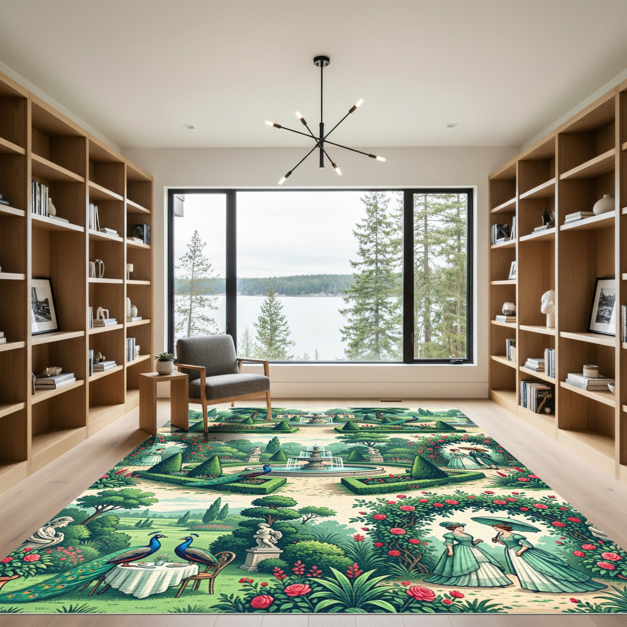 Regal Garden Scene with Peacocks and Roses Rug