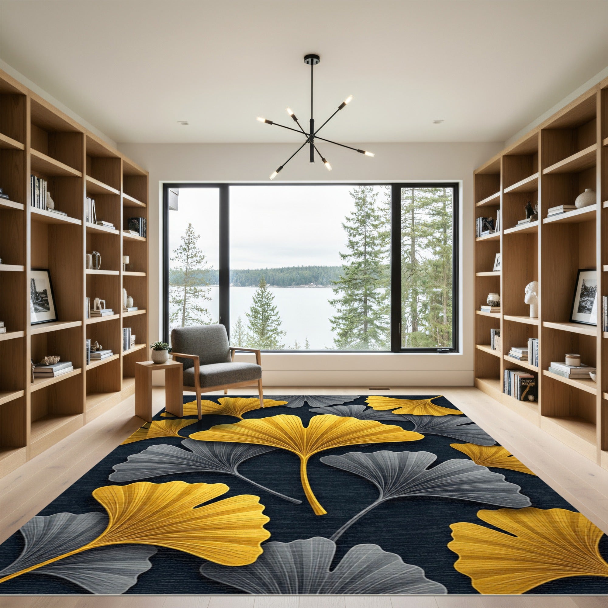 Golden Ginkgo Leaf Black Art Rug