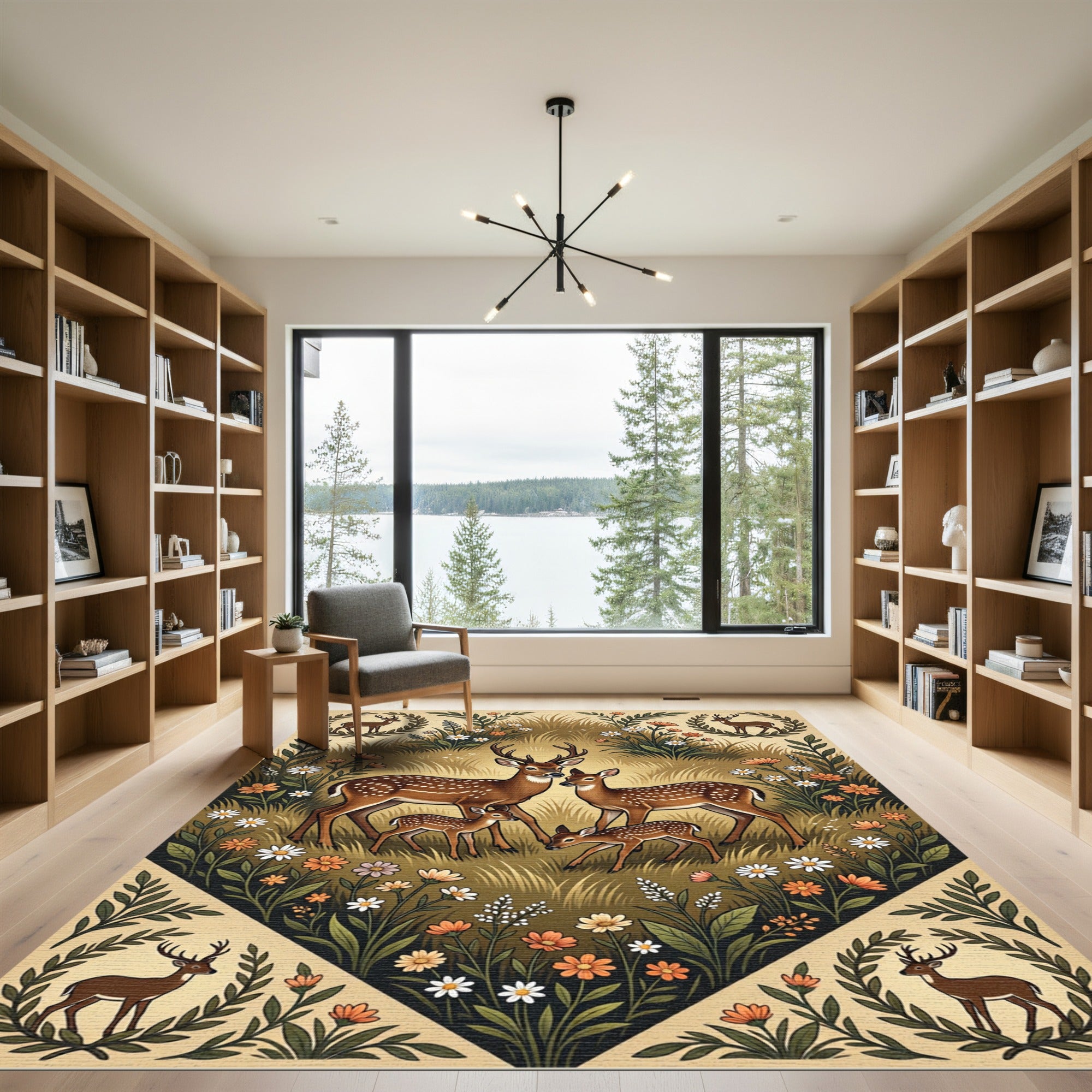 Whimsical Golden Fawn and Wildflower Meadow Rug
