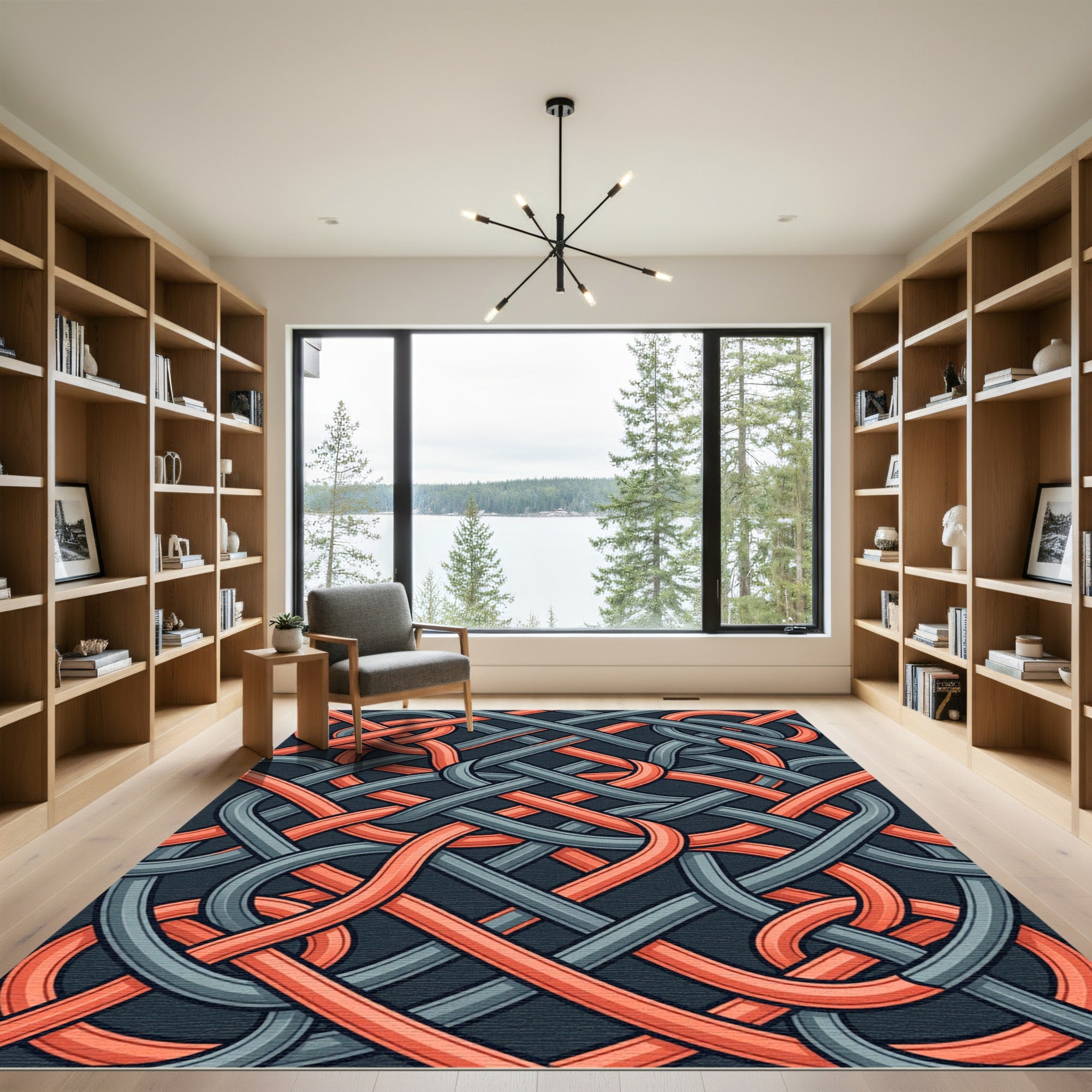 Interwoven Slate and Terracotta Geometric Knot Rug