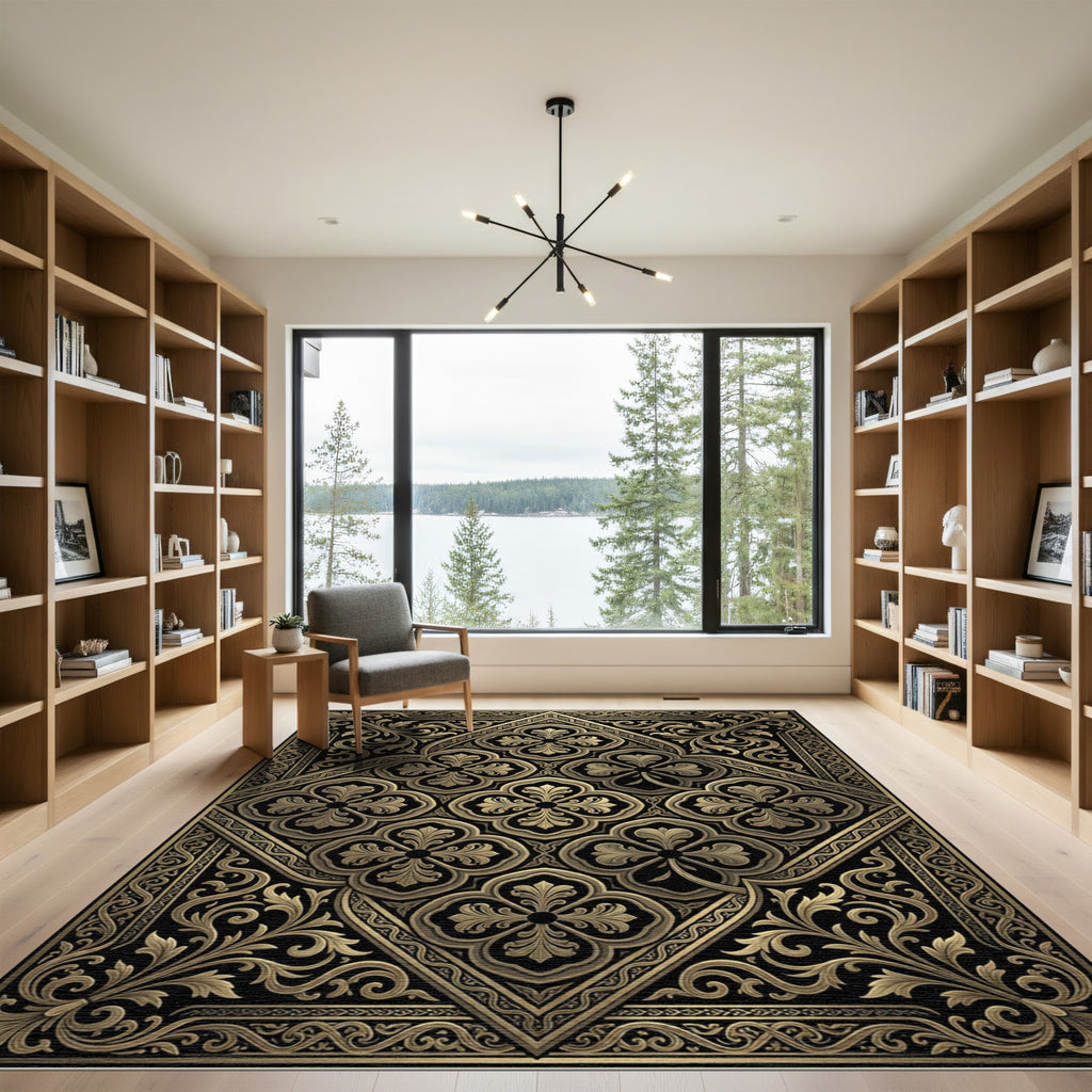 Antique Gold Black Courtly Flourish Rug