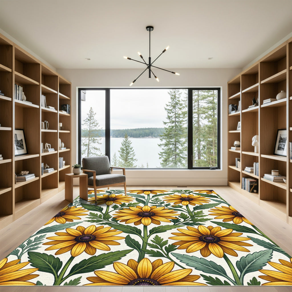 Bright Golden Sunflower Botanical Illustration Rug