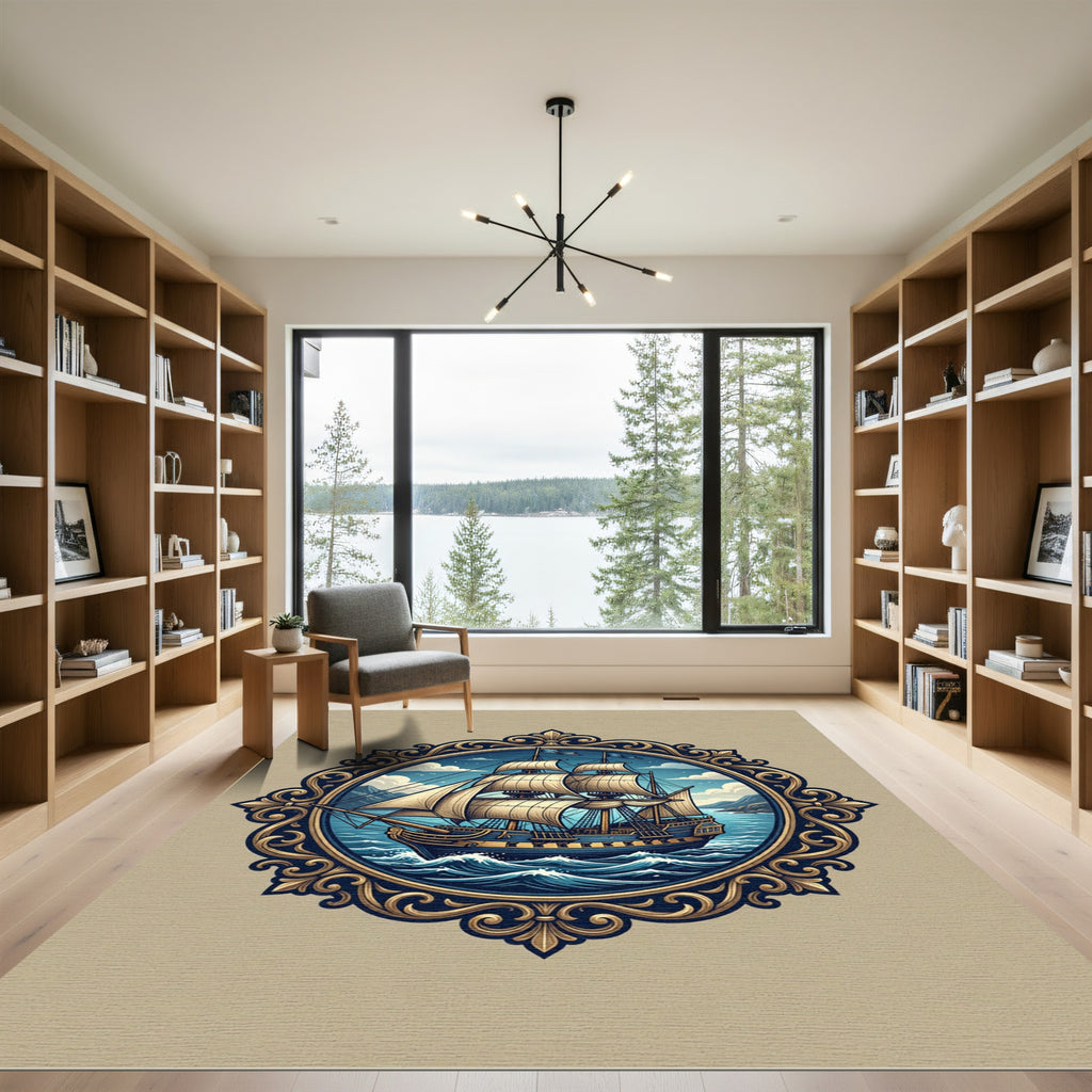 Golden Ornate Galleon Nautical Frame Rug