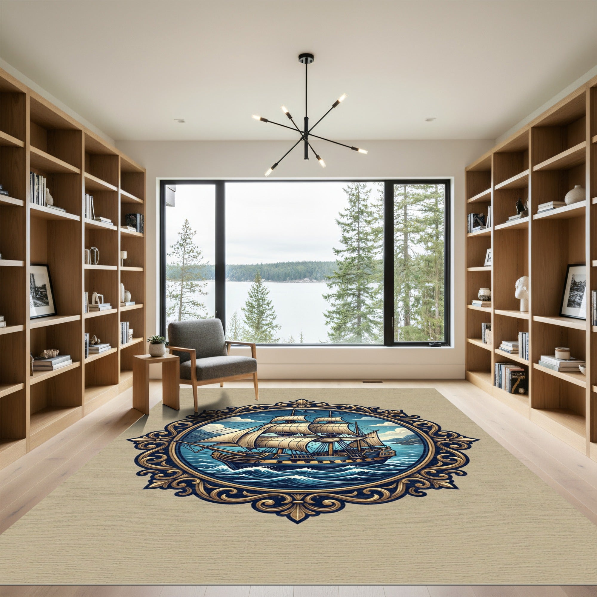 Golden Ornate Galleon Nautical Frame Rug