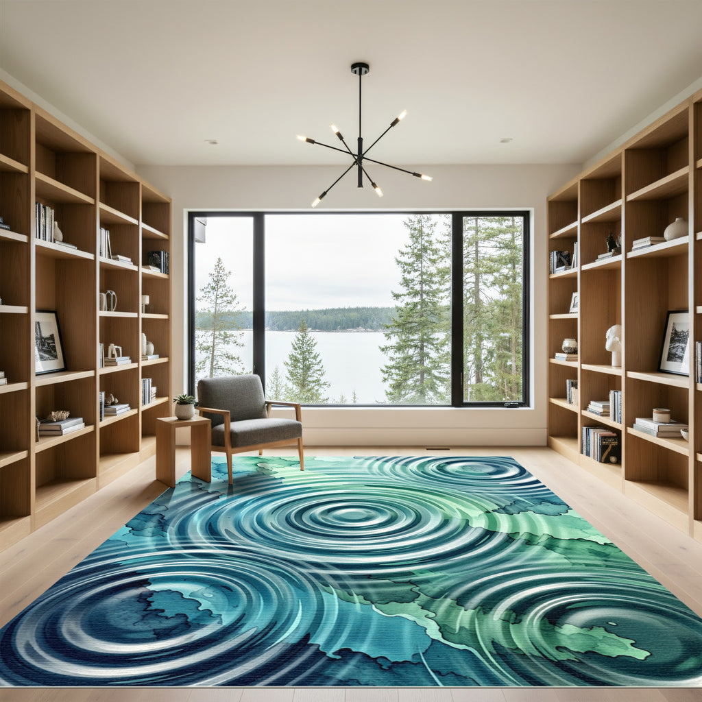 Serene Teal Concentric Ripples Abstract Rug