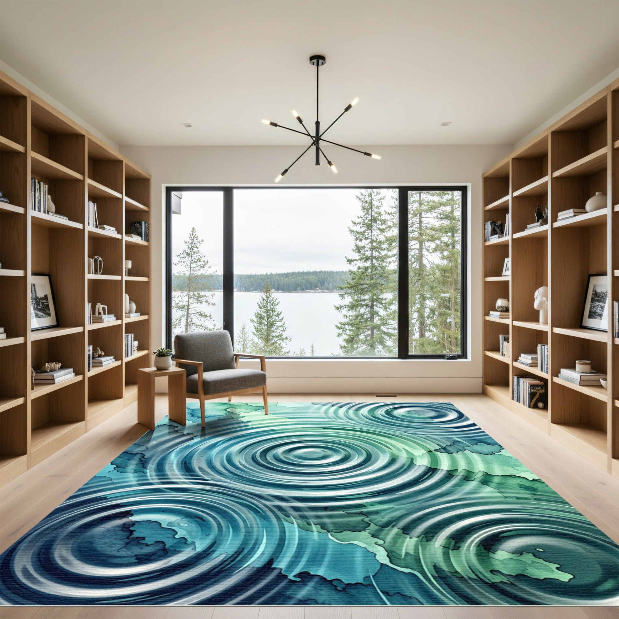Serene Teal Concentric Ripples Abstract Rug