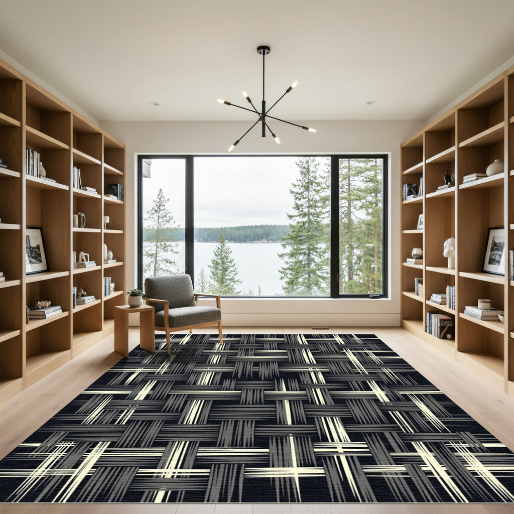 Monochrome Textured Woven Geometric Grid Rug