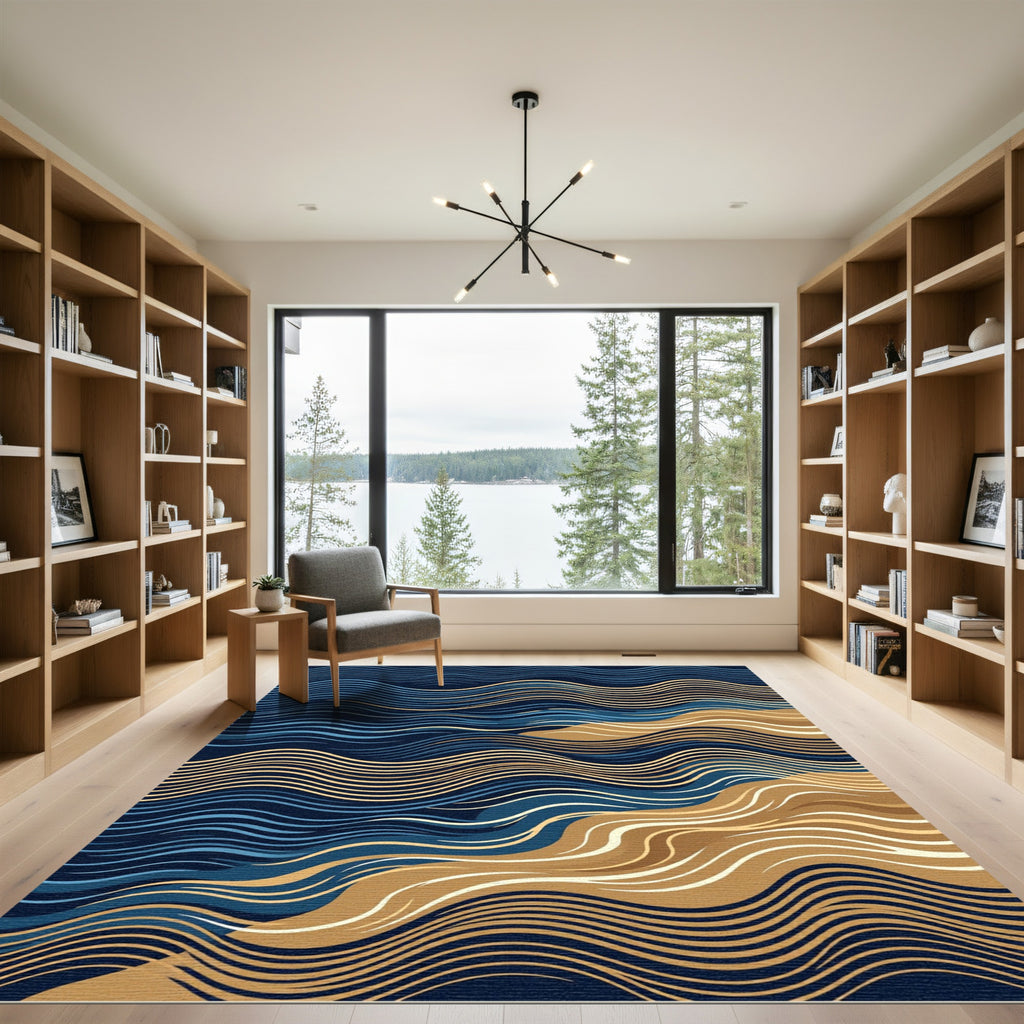 Deep Blue Golden Sandy Wave Rug