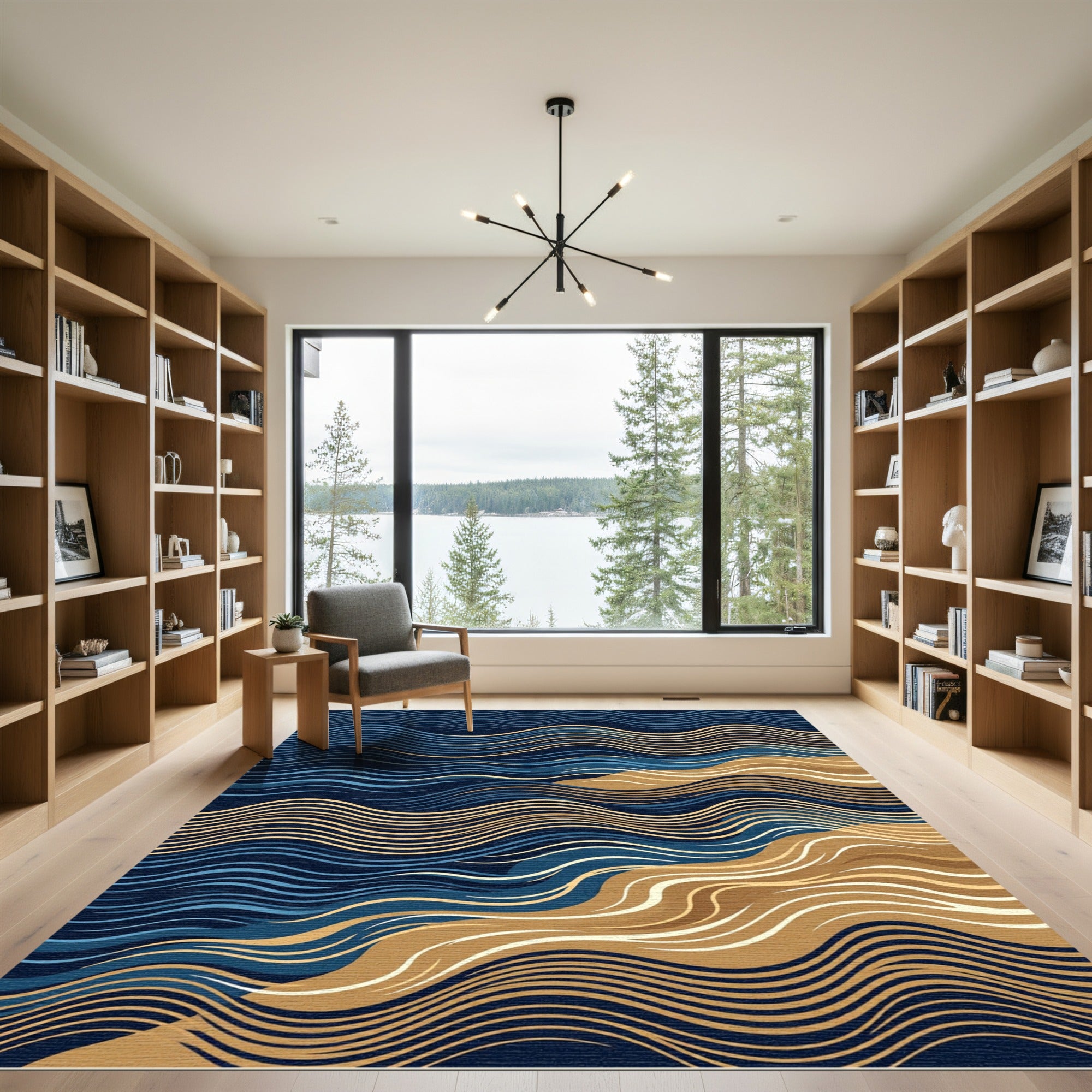 Deep Blue Golden Sandy Wave Rug