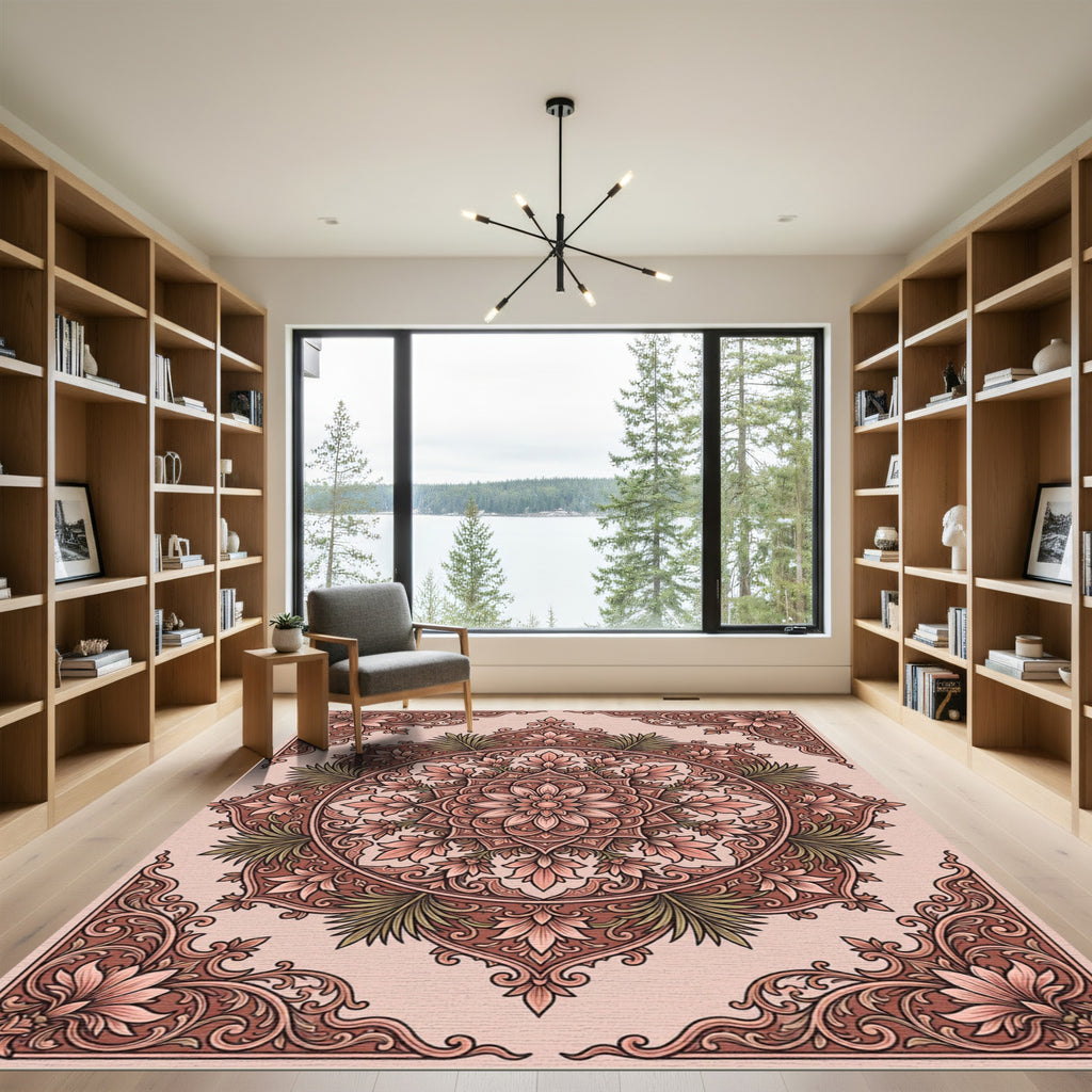 Crimson Floral Mandala Frame Rug
