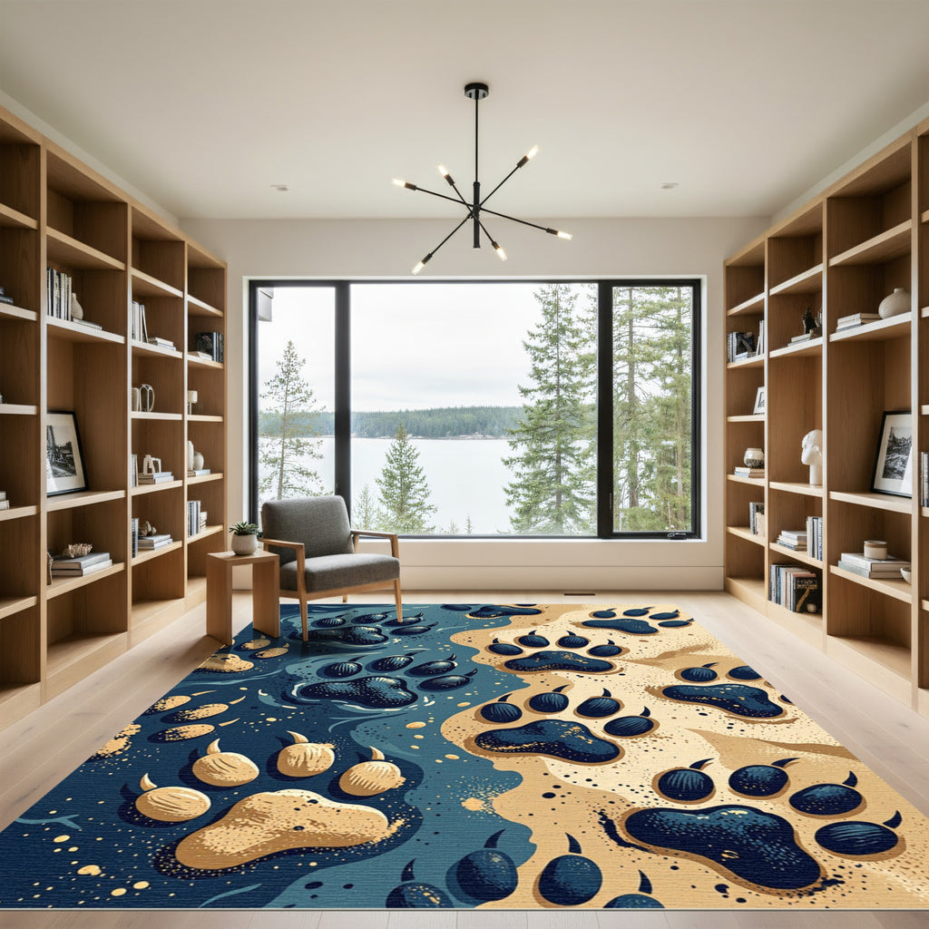 Abstract Blue and Sand Paw Prints Rug