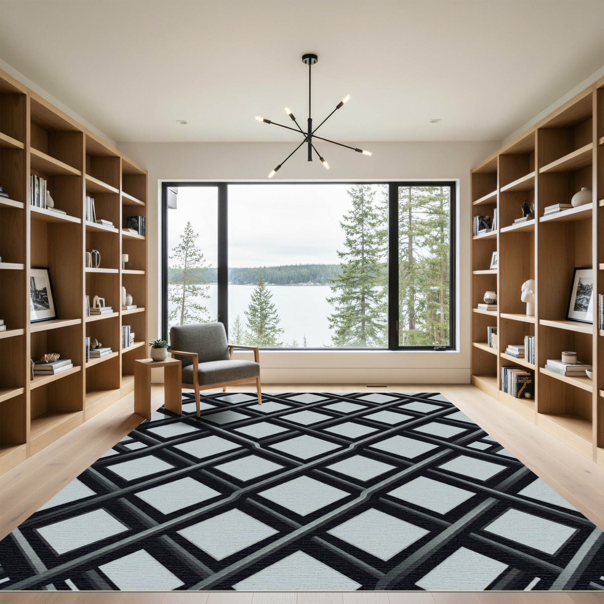 Monochrome Slate Grey Interlocking Geometric Grid Rug