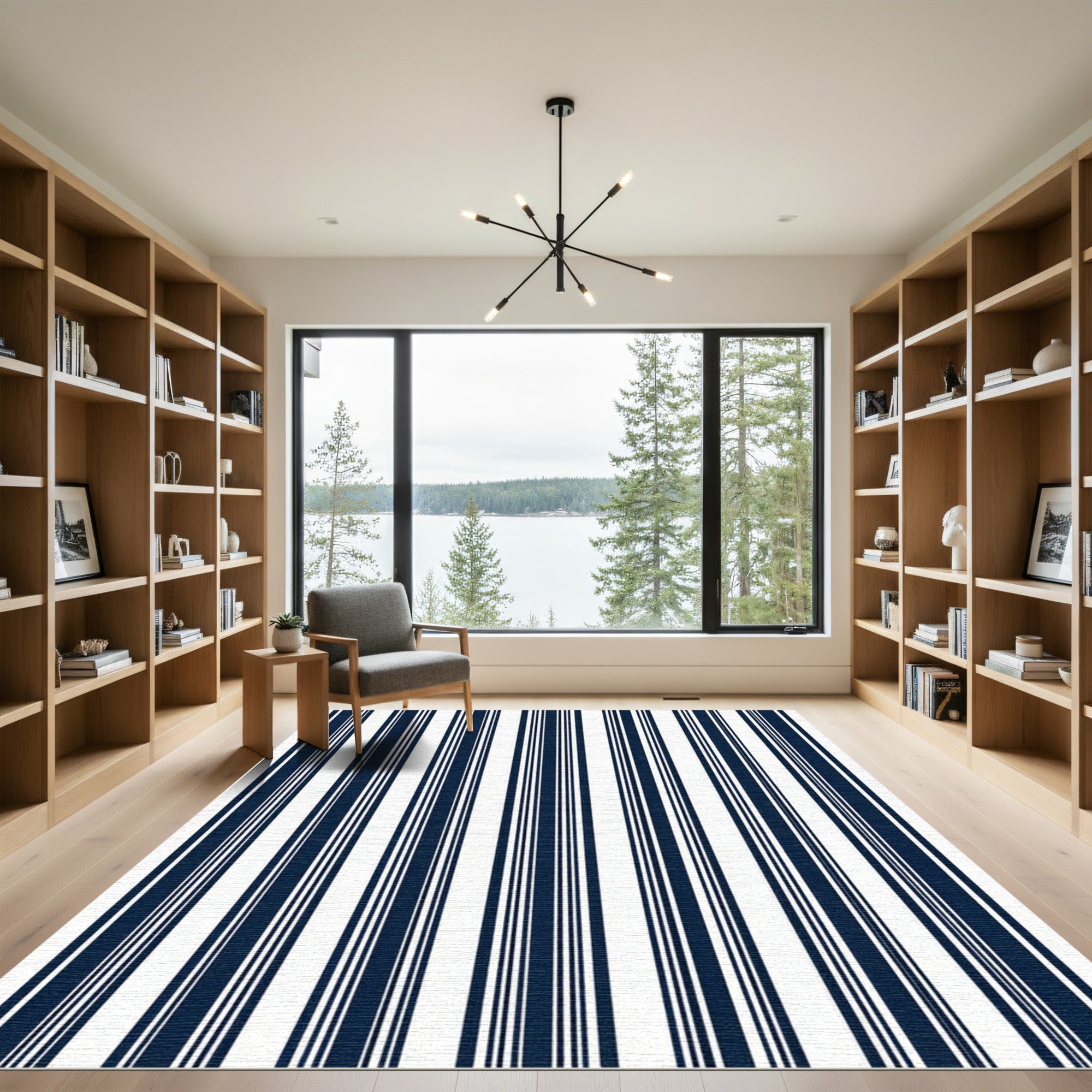 Navy White Vertical Stripe Composition Rug