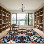 Geometric Teal and Orange Scroll Rug