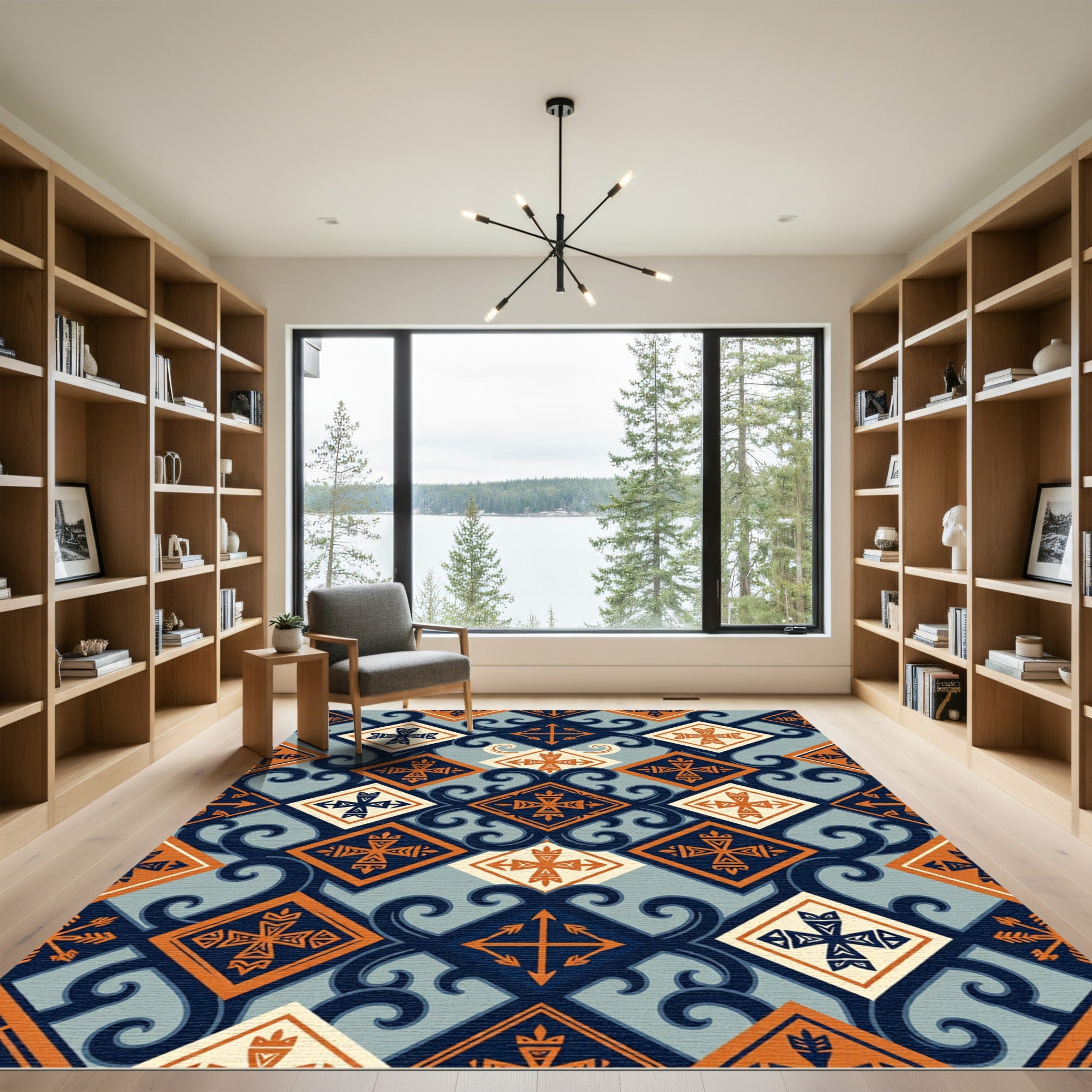 Geometric Teal and Orange Scroll Rug