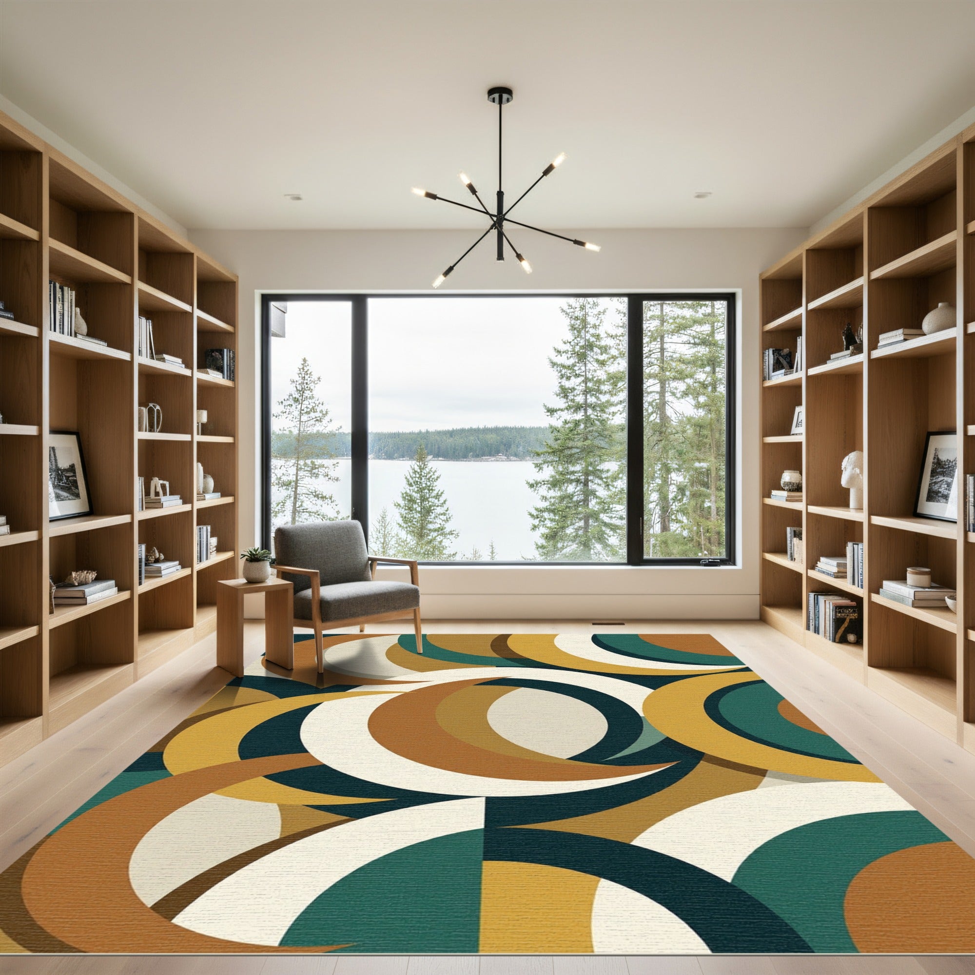 Mid-Century Teal and Ochre Crescent Arcs Rug
