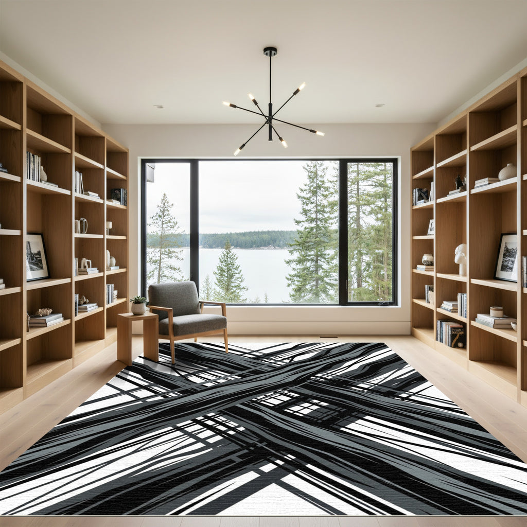 Modern Black and Gray Abstract Crosshatch Rug