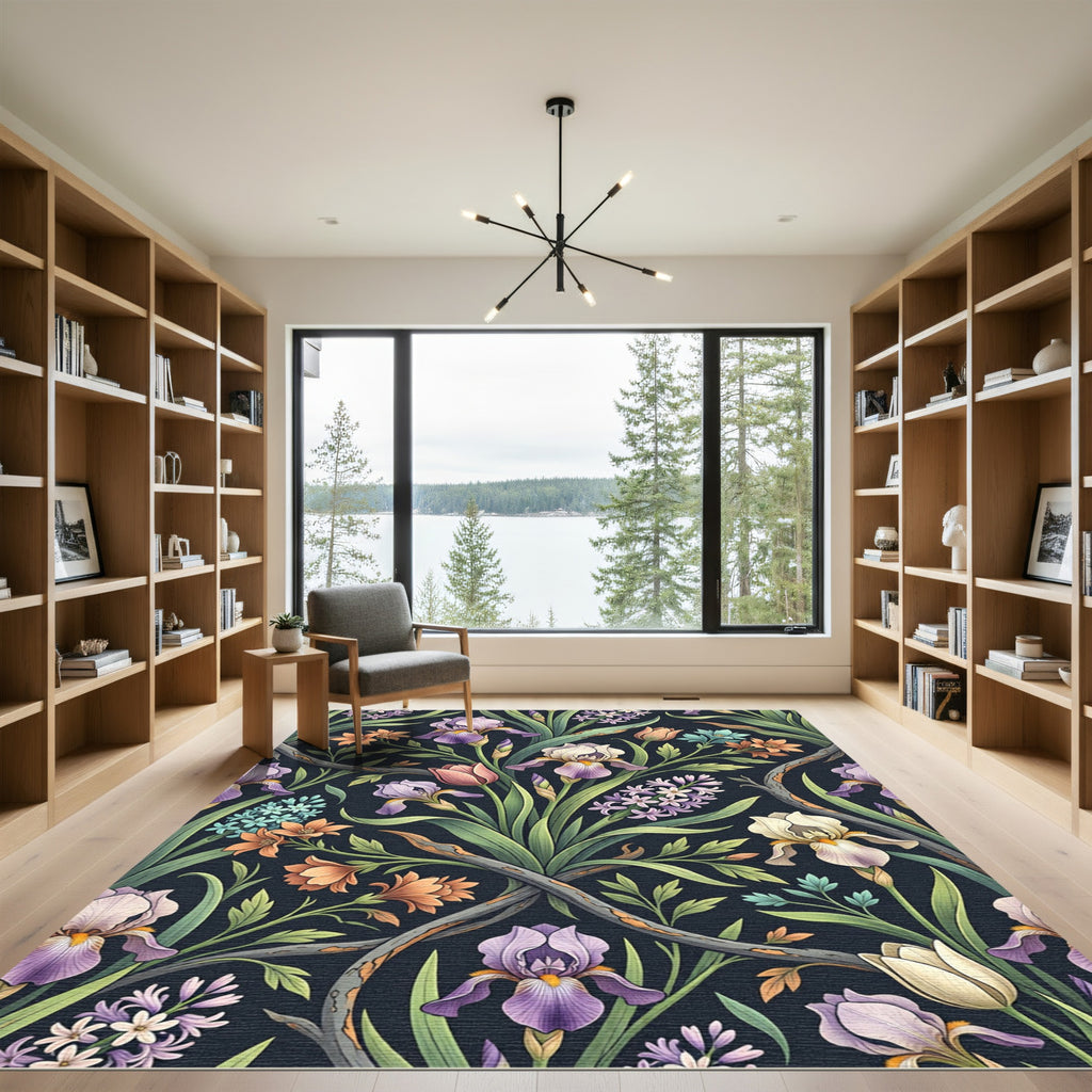 Dark Botanical Iris and Hyacinth Garden Rug