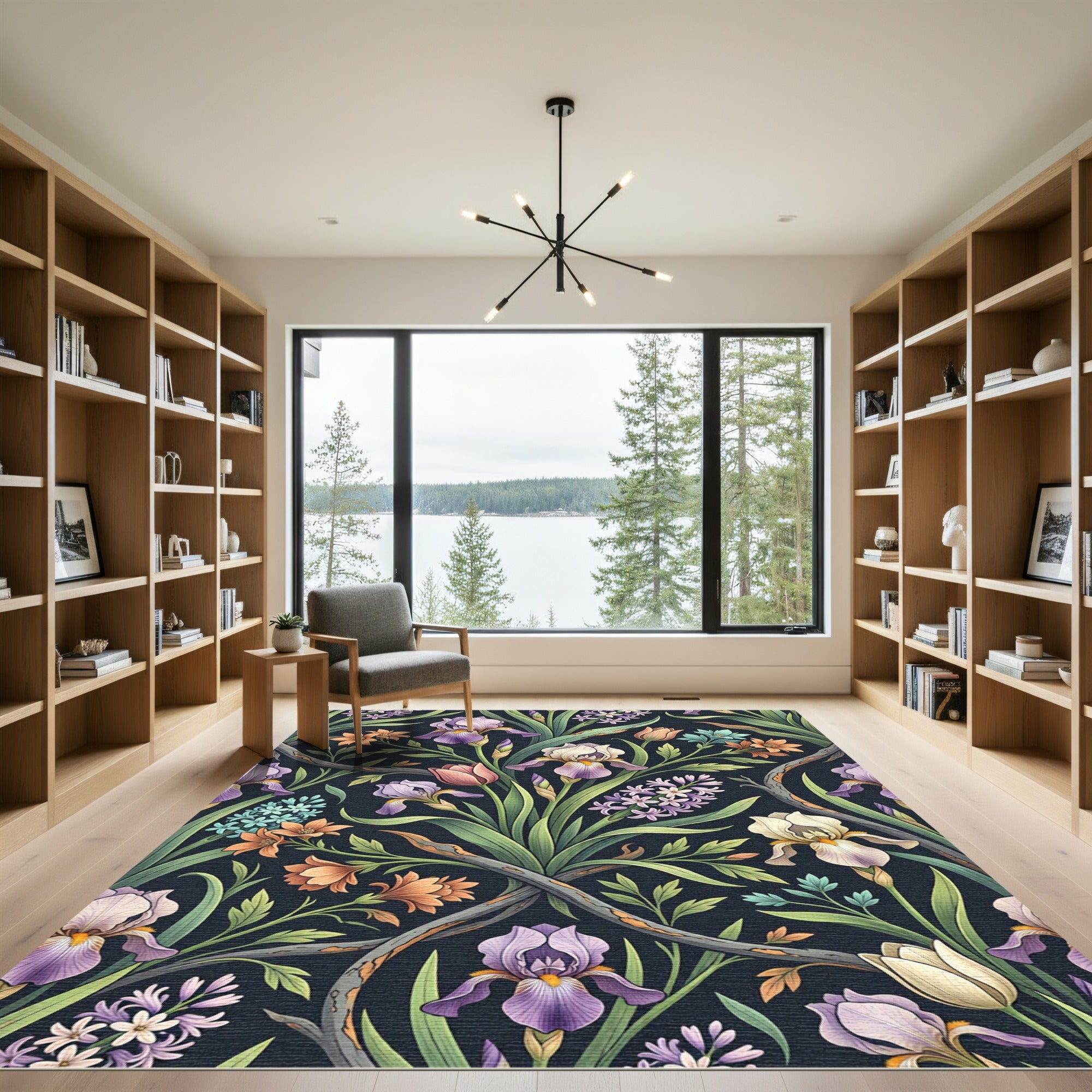 Dark Botanical Iris and Hyacinth Garden Rug