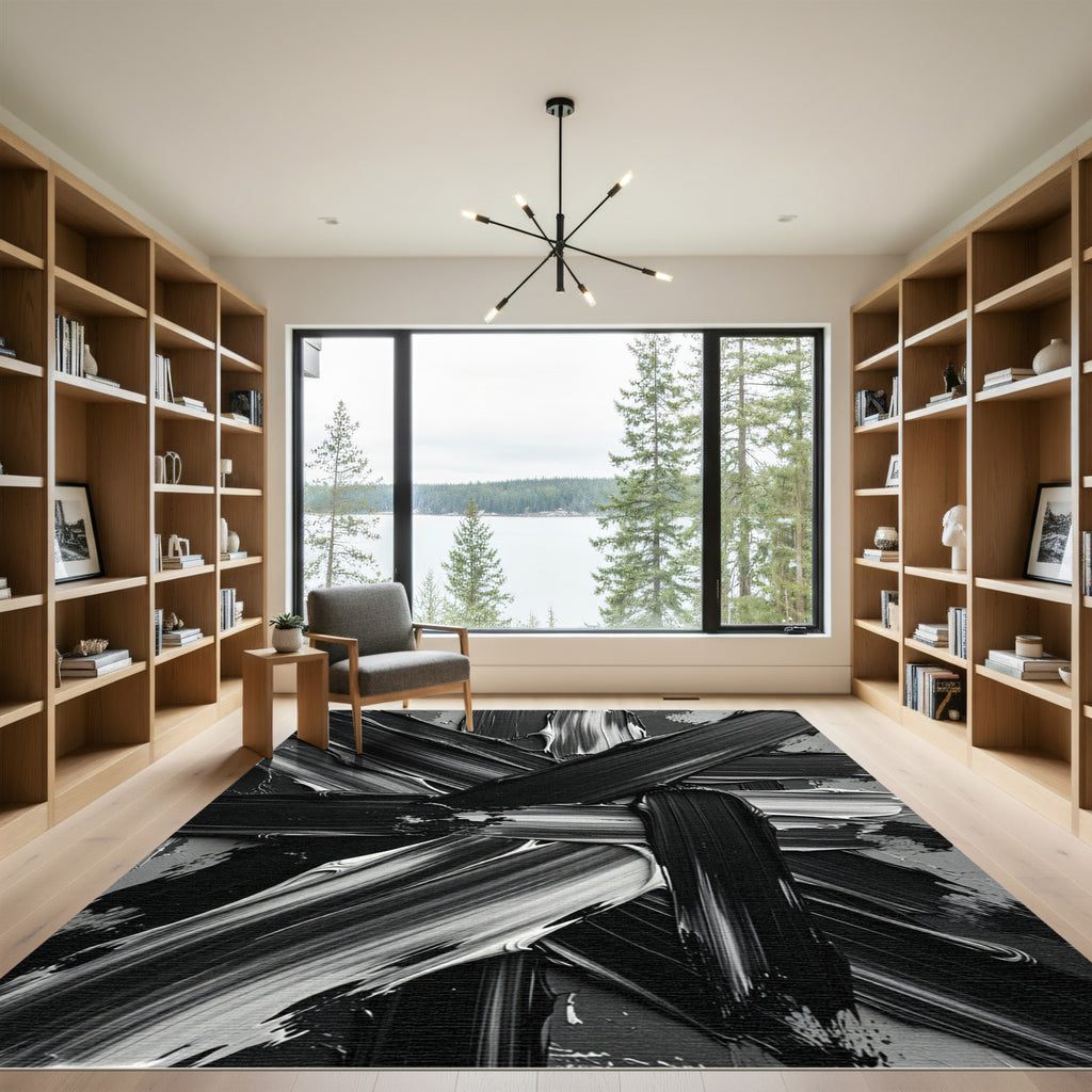 Bold Black White Abstract Brushstroke Rug
