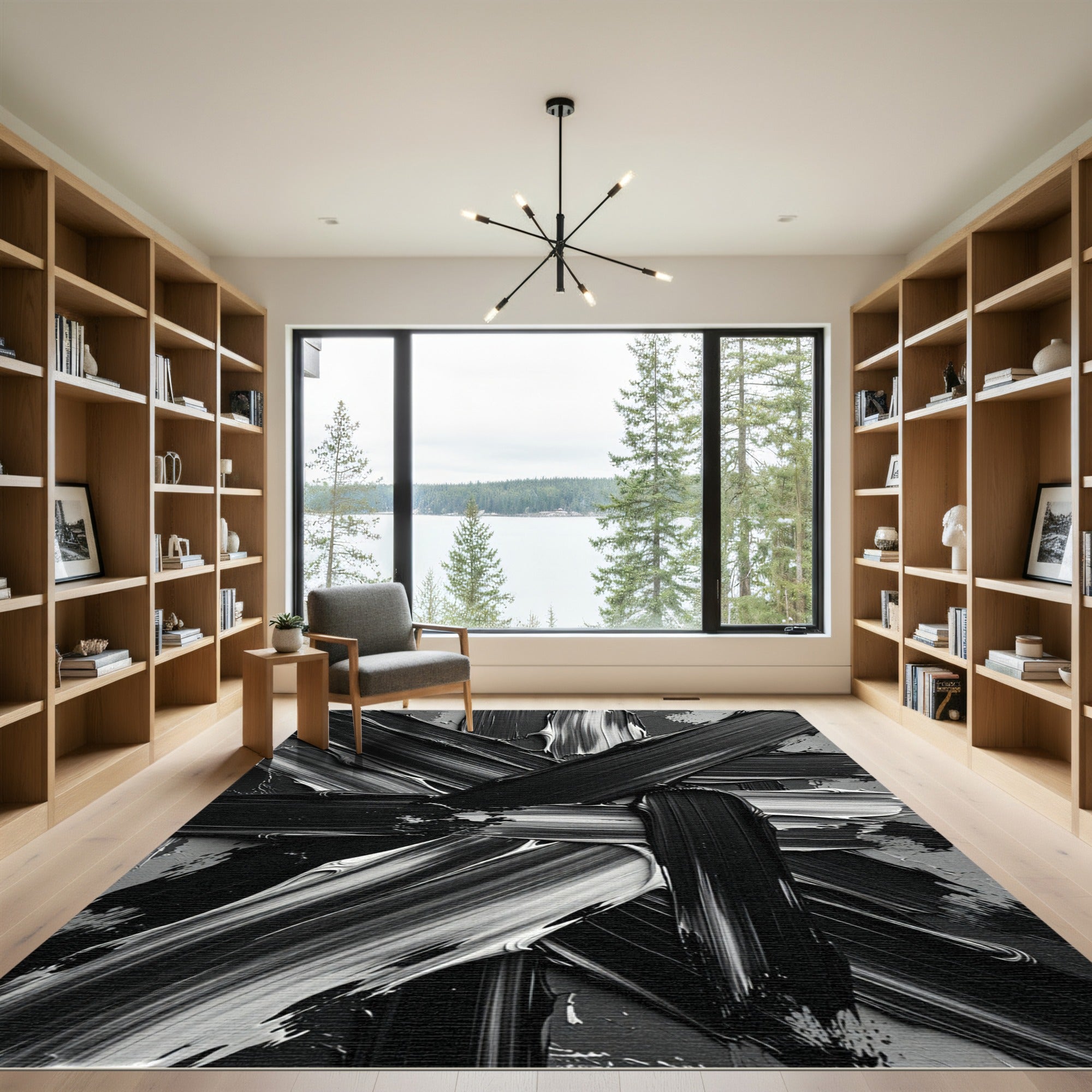 Bold Black White Abstract Brushstroke Rug