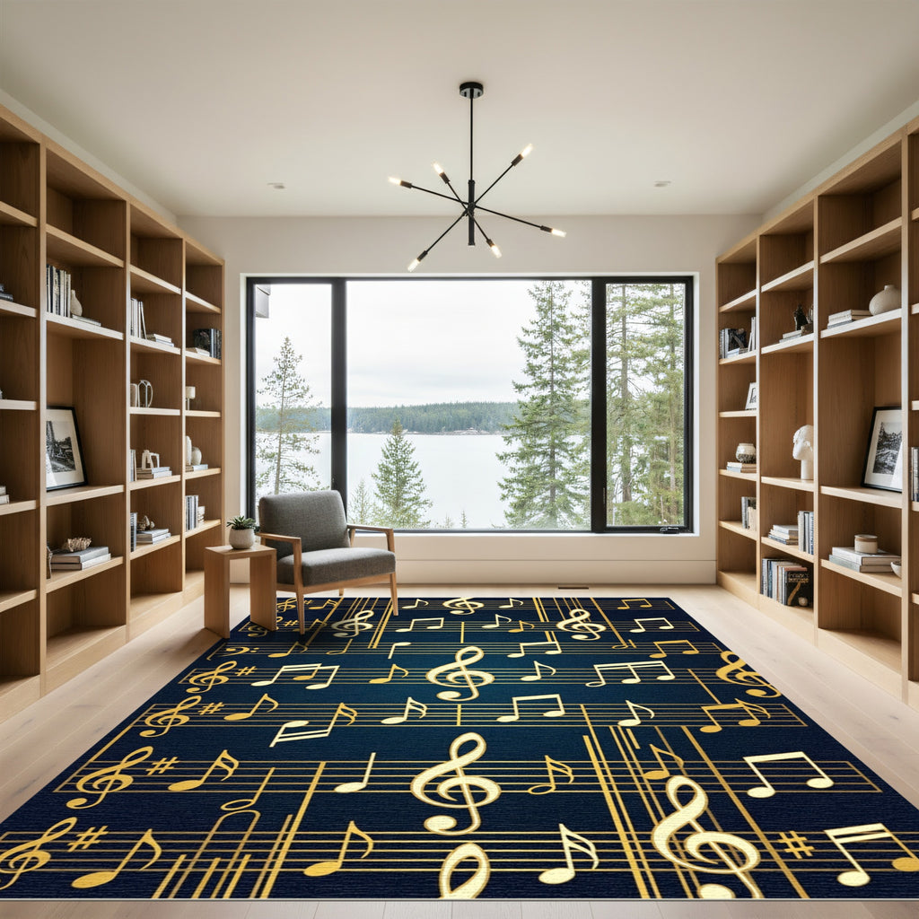 Golden Musical Notes on Navy Blue Rug