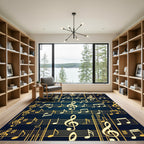 Golden Musical Notes on Navy Blue Rug