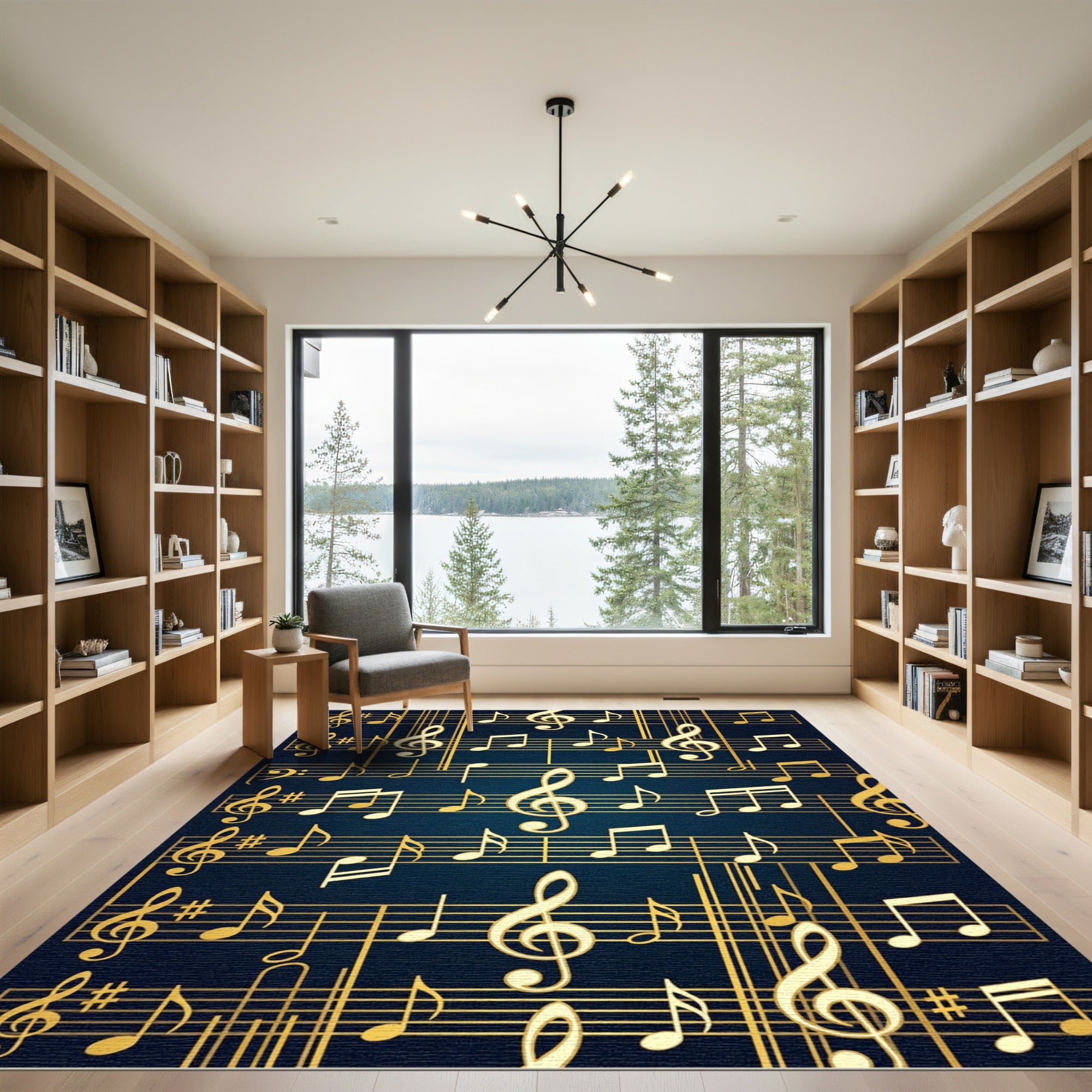Golden Musical Notes on Navy Blue Rug