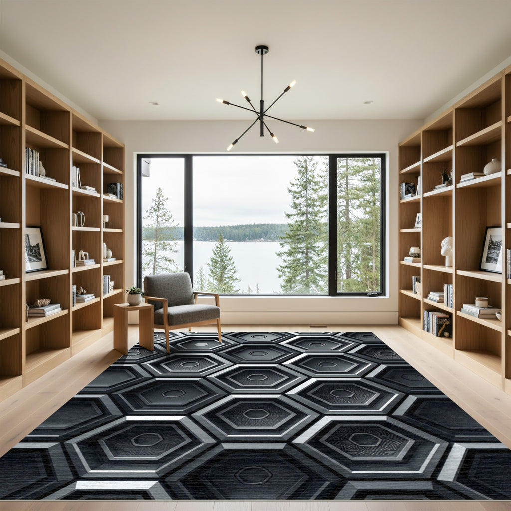 Modern Industrial Metallic Hexagonal Mosaic Rug