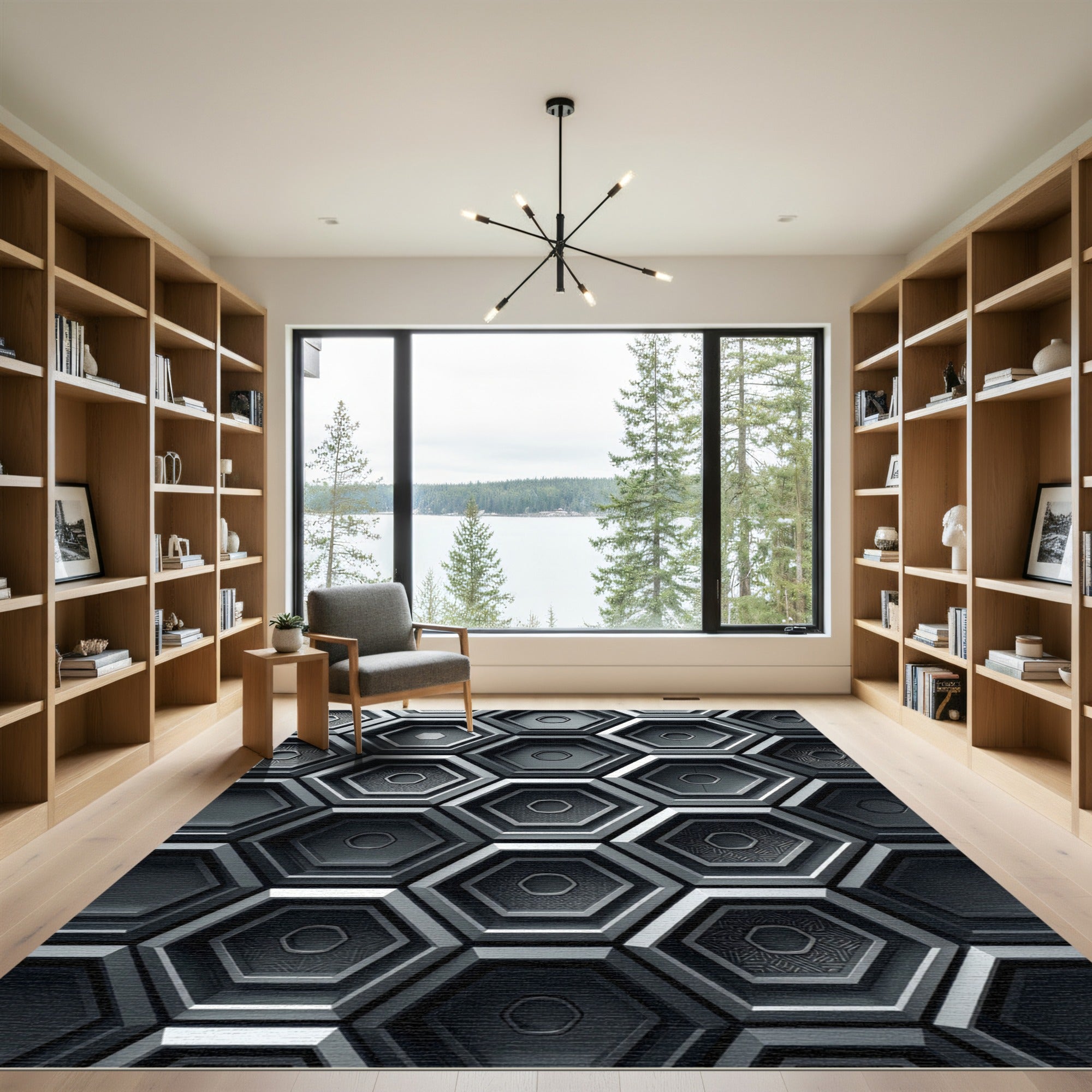 Modern Industrial Metallic Hexagonal Mosaic Rug