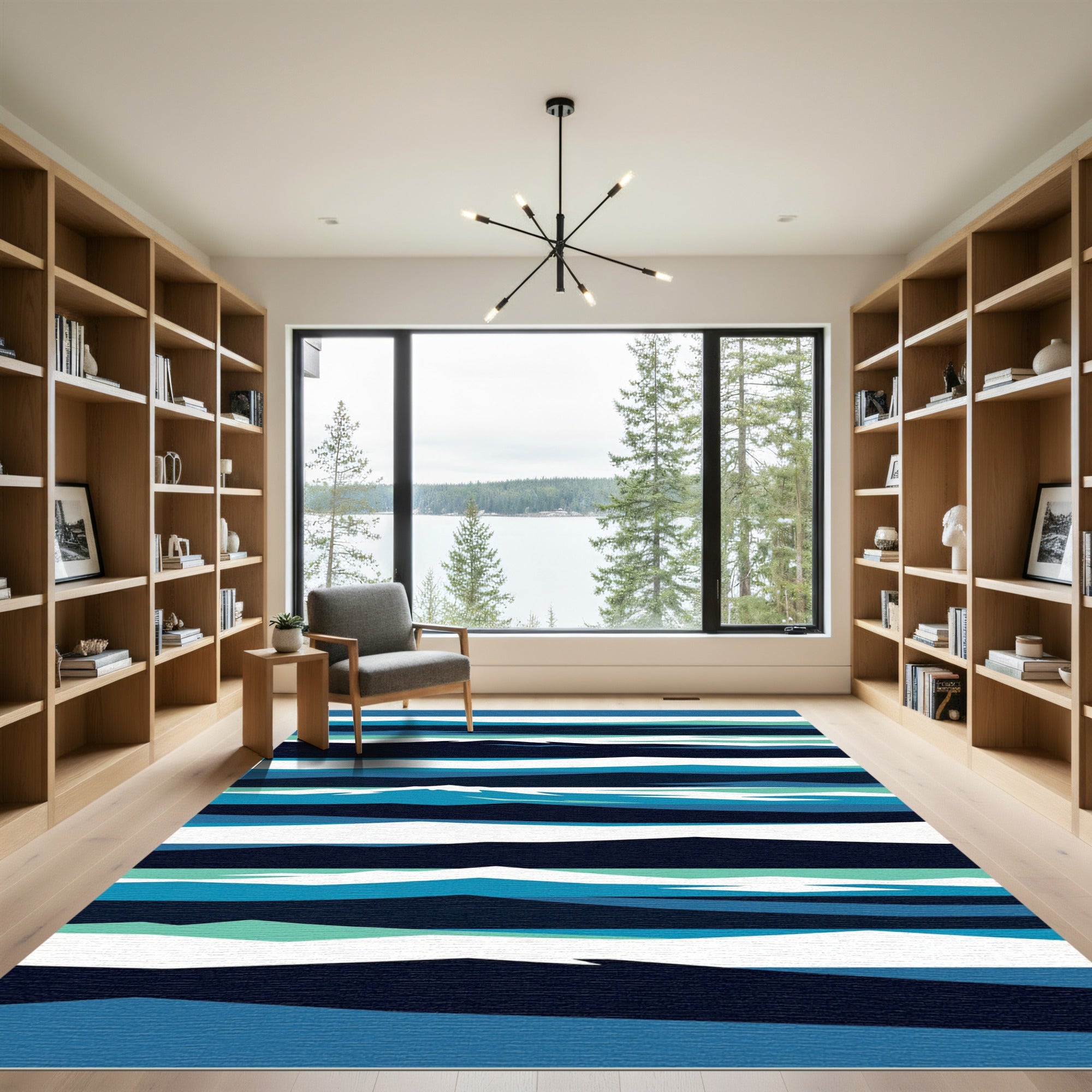Abstract Navy and Teal Layered Wave Rug